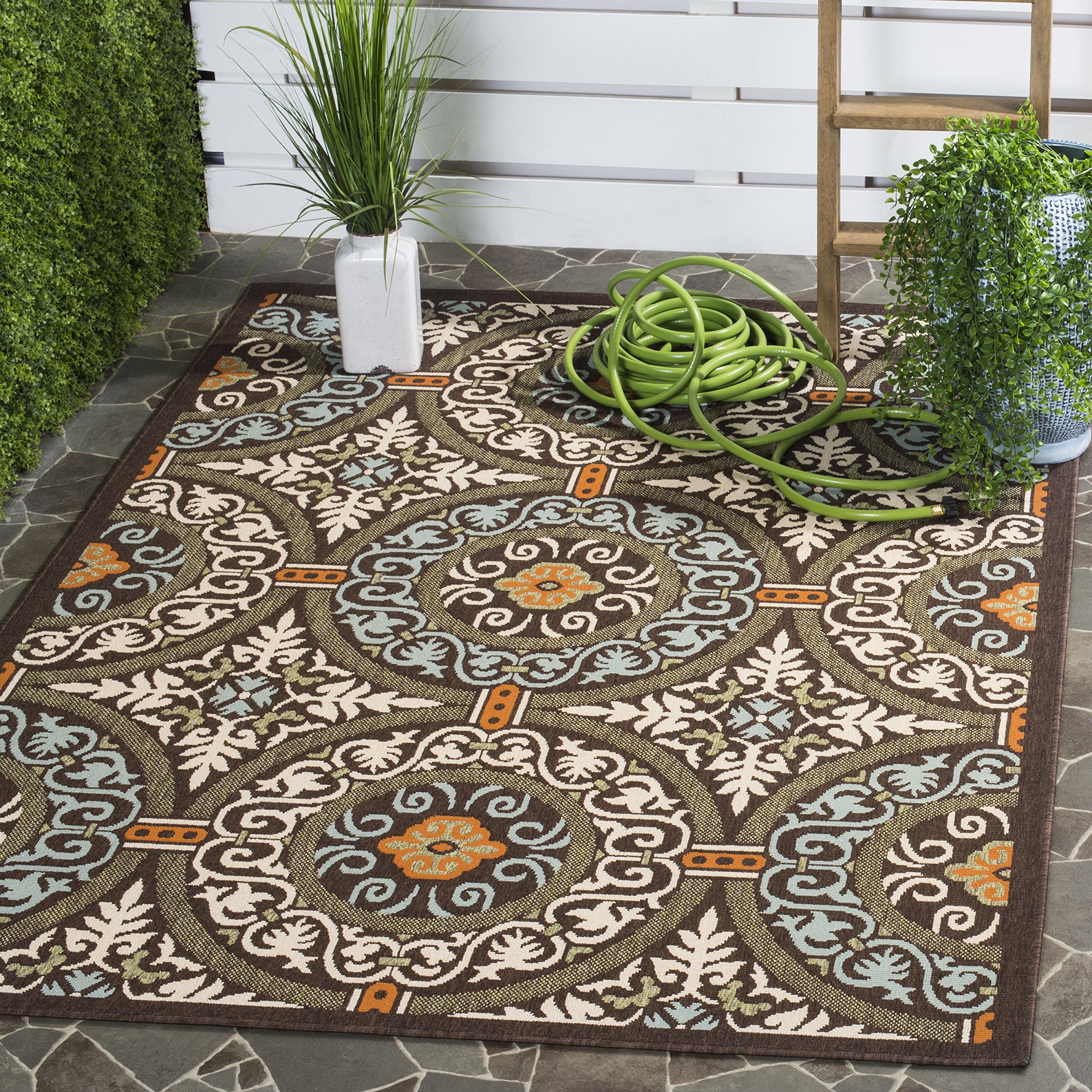 SAFAVIEH Veranda Collection 8' x 11' Modern Chocolate & Aqua Area Rug - Non-Shedding, Easy Care, Washable Indoor/Outdoor Rug - Perfect for Living Room, Bedroom, Patio, Backyard & Mudroom (VER055-0723)