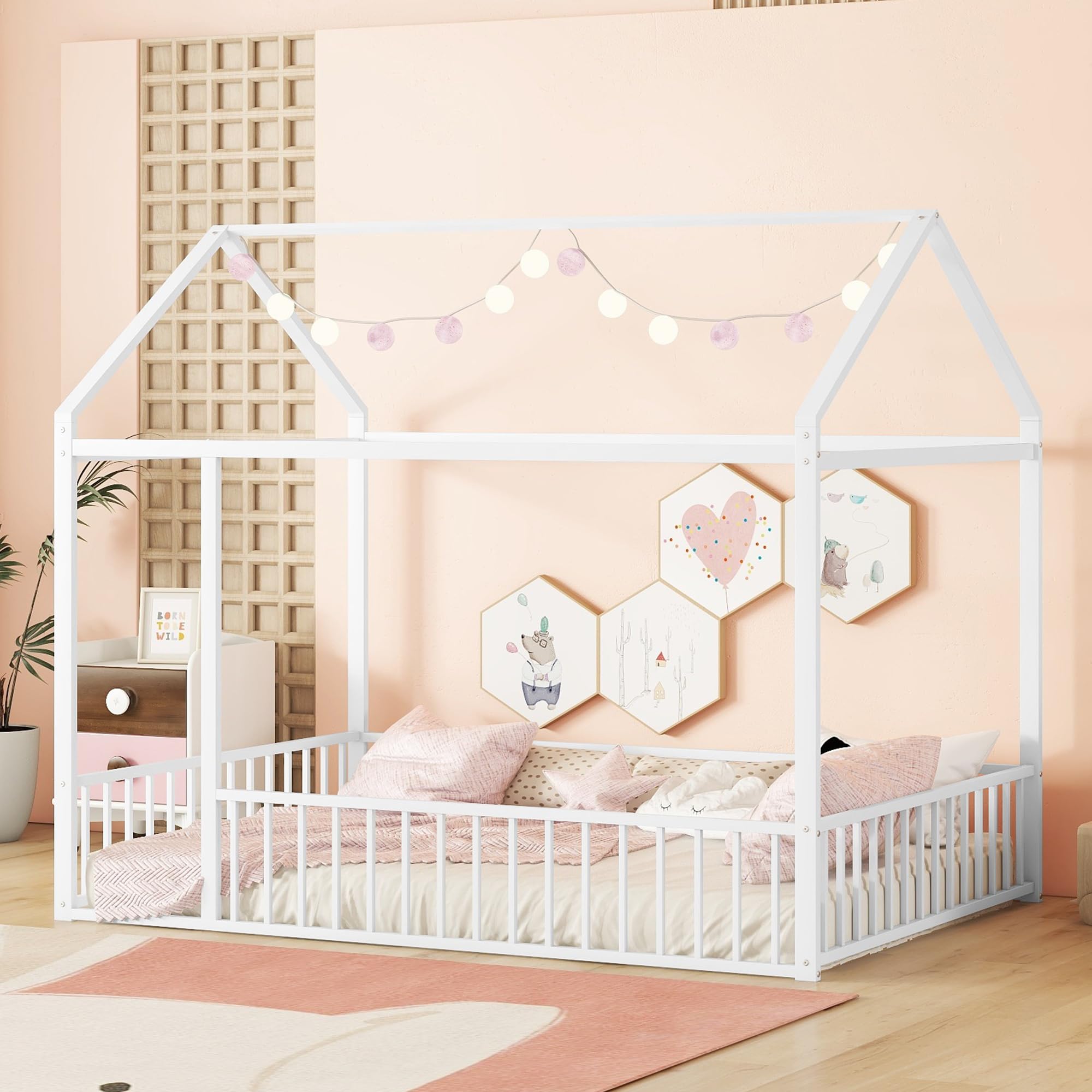 Montessori Floor Bed for Kids - Full Size White Metal House Bed Frame with Safety Fence | Playhouse Style Toddler Bed for Daytime Play & Nighttime Sleep | Perfect for Montessori Bedrooms & Playrooms