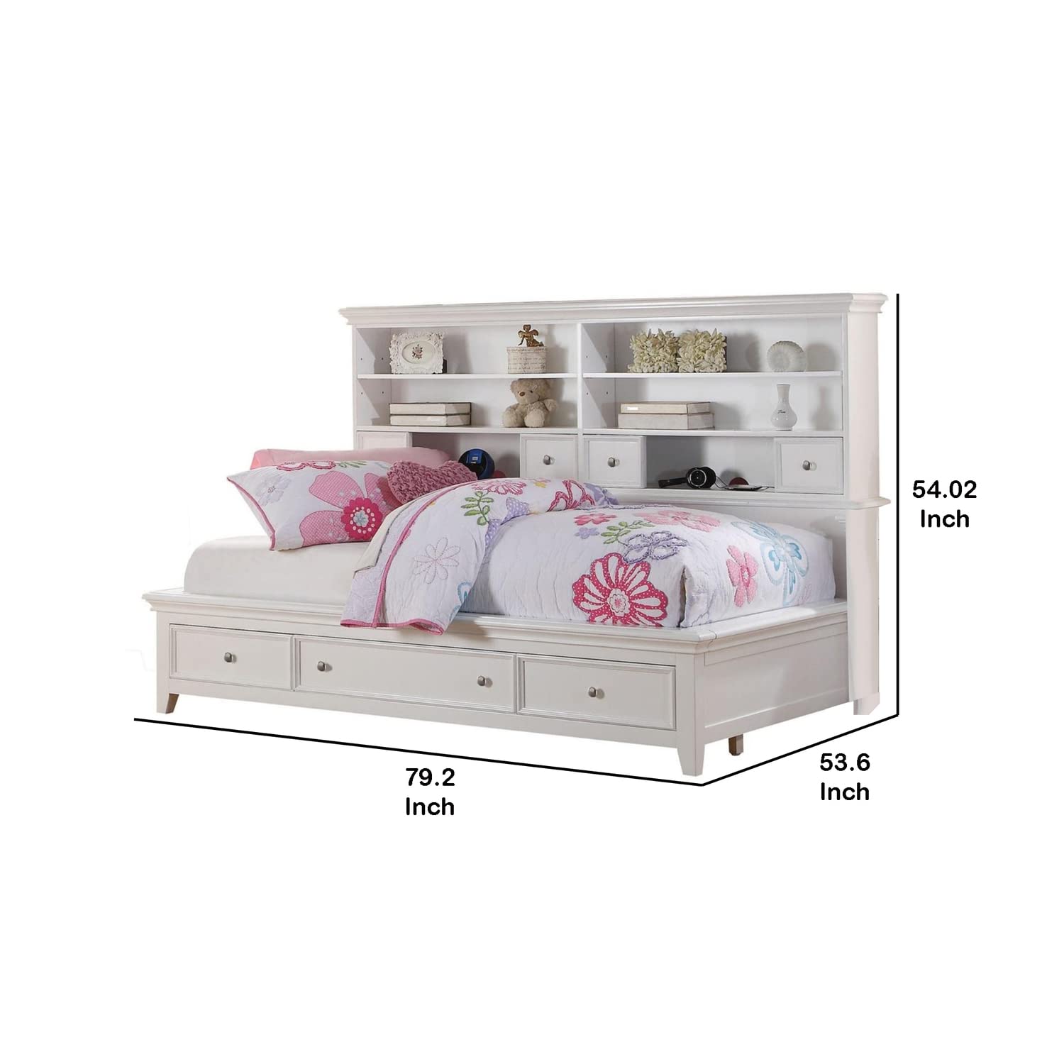 Benjara Modern Twin Size Bed with Bookcase Headboard & Storage - White | Space-Saving Bedroom Furniture for Small Rooms & Dorm