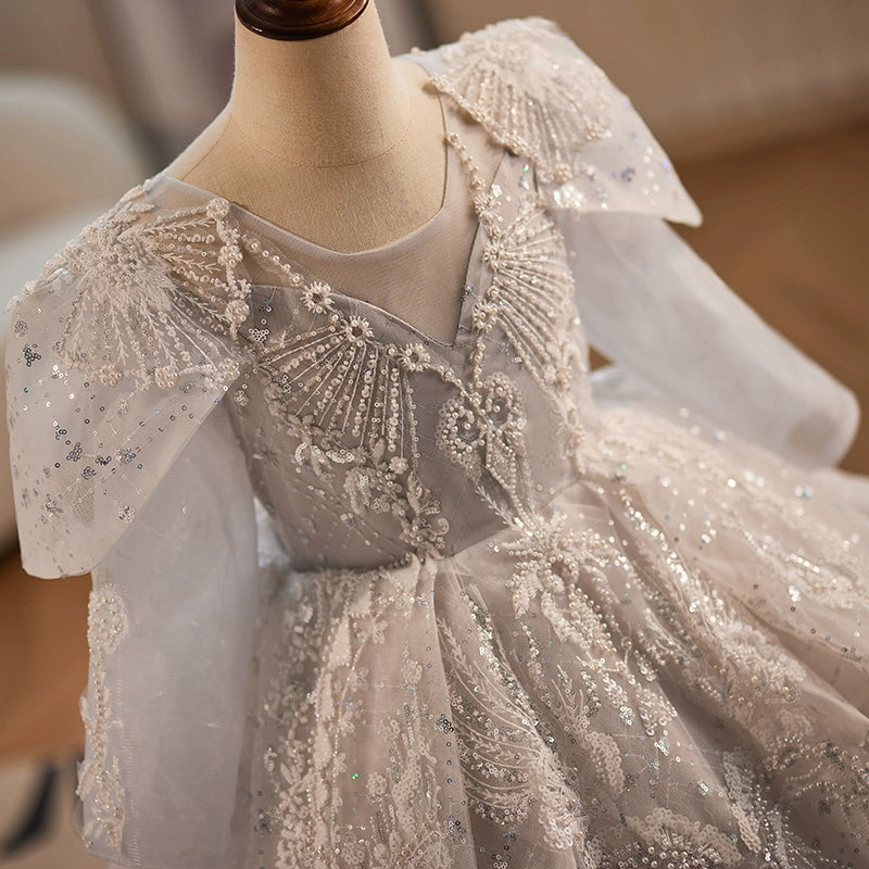 Elegant Baby Girls Jacquard Sequin Silver Long Sleeve Birthday Dress - Toddler Pageant Dress for Special Occasions & Photo Shoots