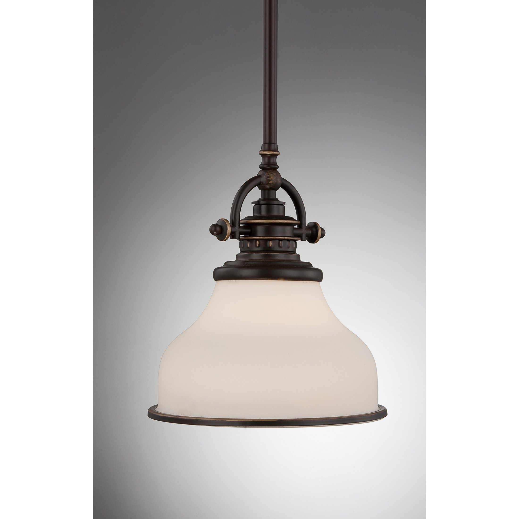 Quoizel Grant Mini Pendant Light - 8 Inch 1-Light Palladian Bronze Opal Etched Glass Hanging Ceiling Fixture for Kitchen Island, Dining Room, Hallway, Bedroom, Bar, Cafe & Office | Modern Industrial Lighting for Home & Commercial Spaces