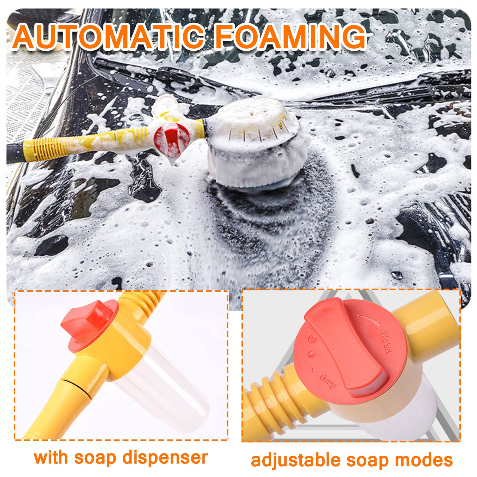 360 Spin Car Wash Brush with Soap Dispenser & Hose Attachment - Soft Bristle Cleaning Brush Mop for Cars, Trucks, SUVs - Long Handle Flow Through Wash Kit (Yellow) - Perfect for Driveway Washing & Auto Detailing
