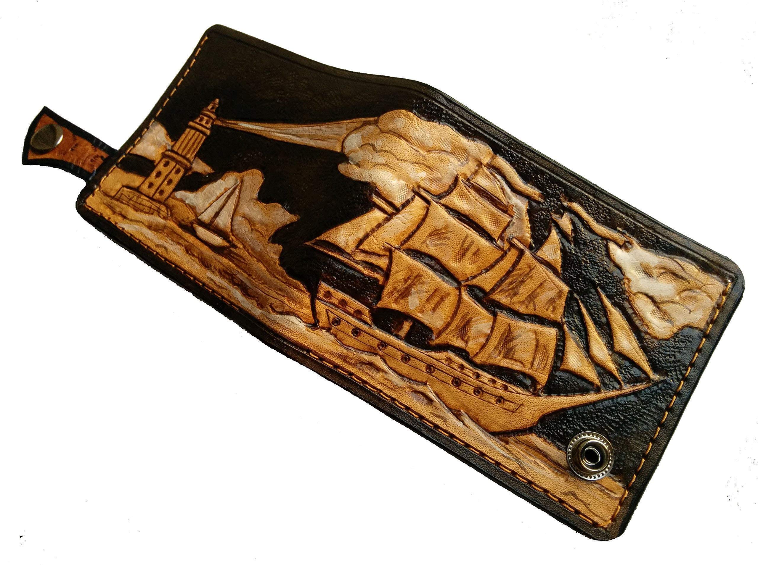 Sailor-Themed Genuine Leather RFID Men's Bifold Wallet - Clipper Ship & Lighthouse Embossed Handmade Biker Wallet - Perfect for Nautical Enthusiasts, Yacht Lovers & Outdoor Adventures
