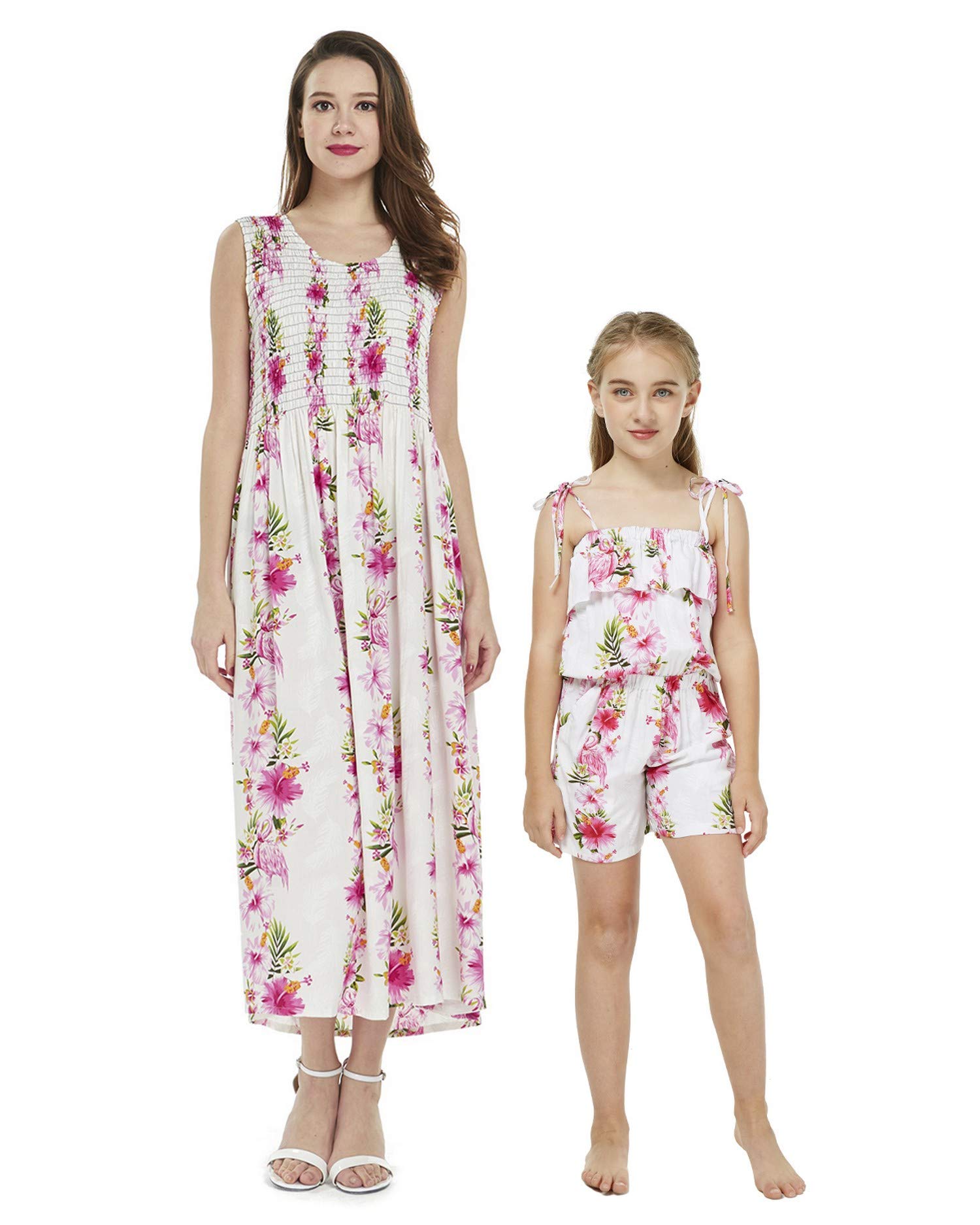 Mother & Daughter Matching Hawaiian Luau Maxi Dress & Romper Set - Pink White Hibiscus Vine Floral Print - Beach Vacation, Family Photos, Summer Party Outfits