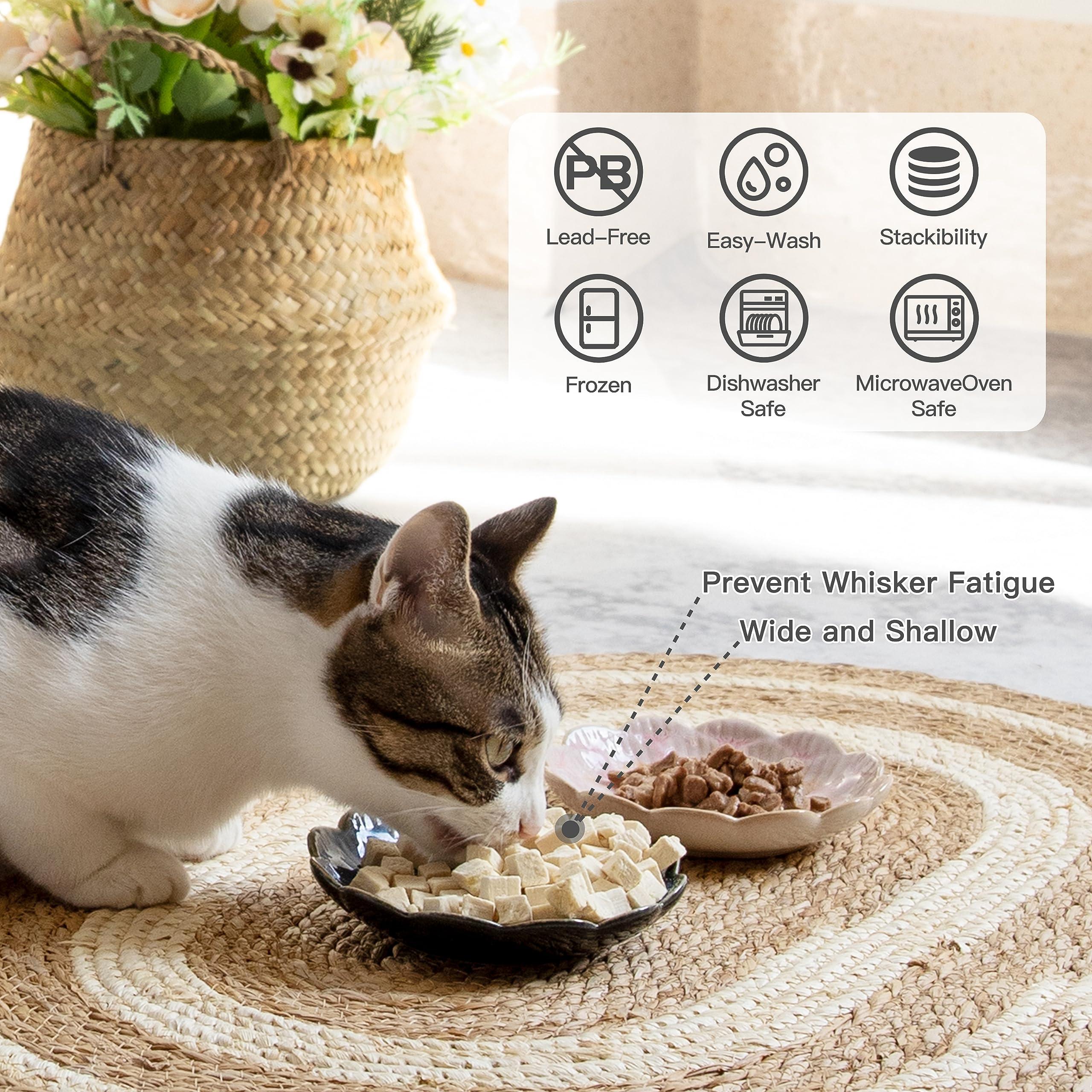 4-Pack Ceramic Cat Bowls for Wet Food - 5.5 Inch Whisker-Friendly Shallow Dishes, Microwave & Dishwasher Safe - Perfect for Kittens, Adult Cats & Multi-Pet Homes