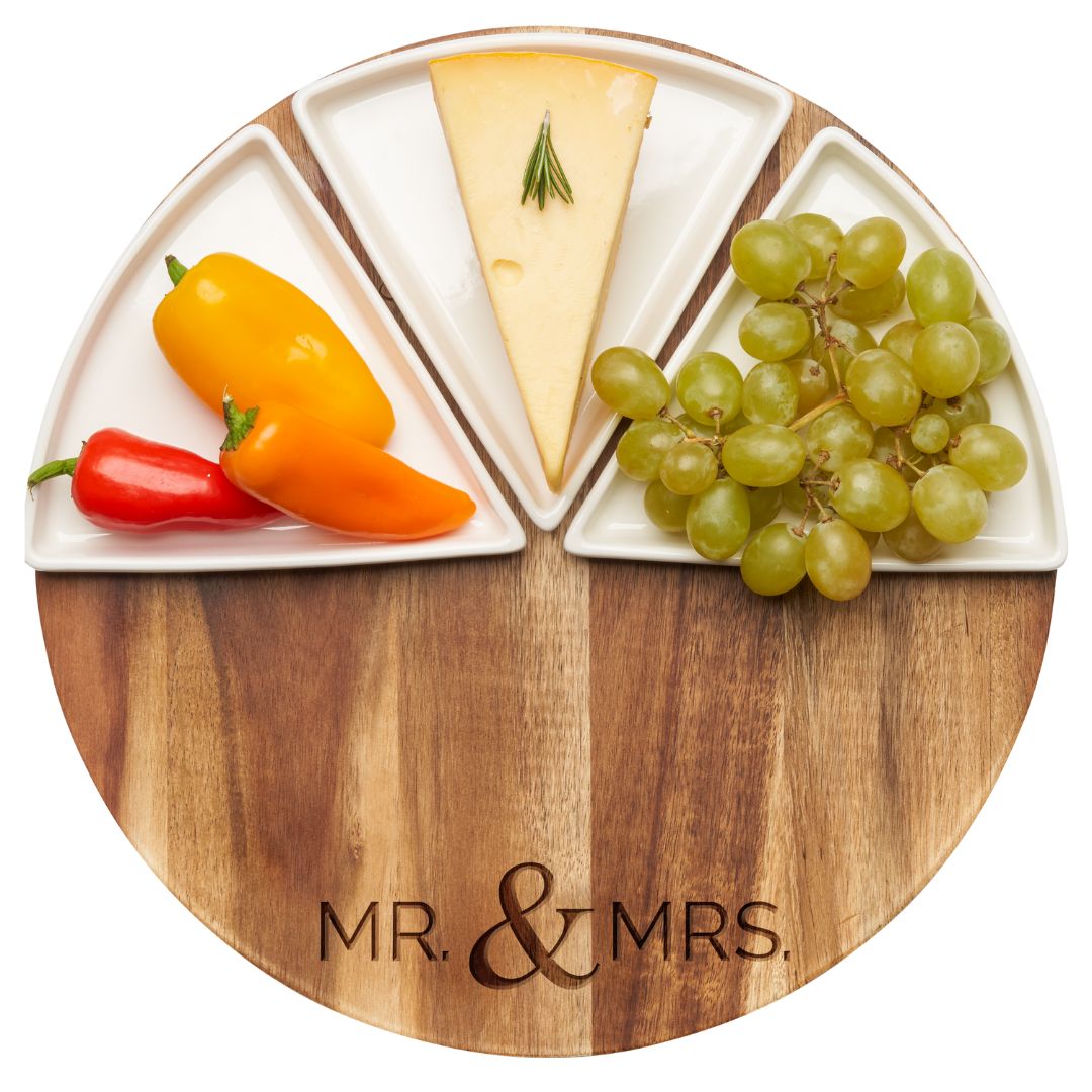 Acacia Wood Fête Set Round - Modern Mr. & Mrs. Wedding Cake Topper - 12 Inch Round Cake Stand for Wedding, Anniversary & Special Occasions