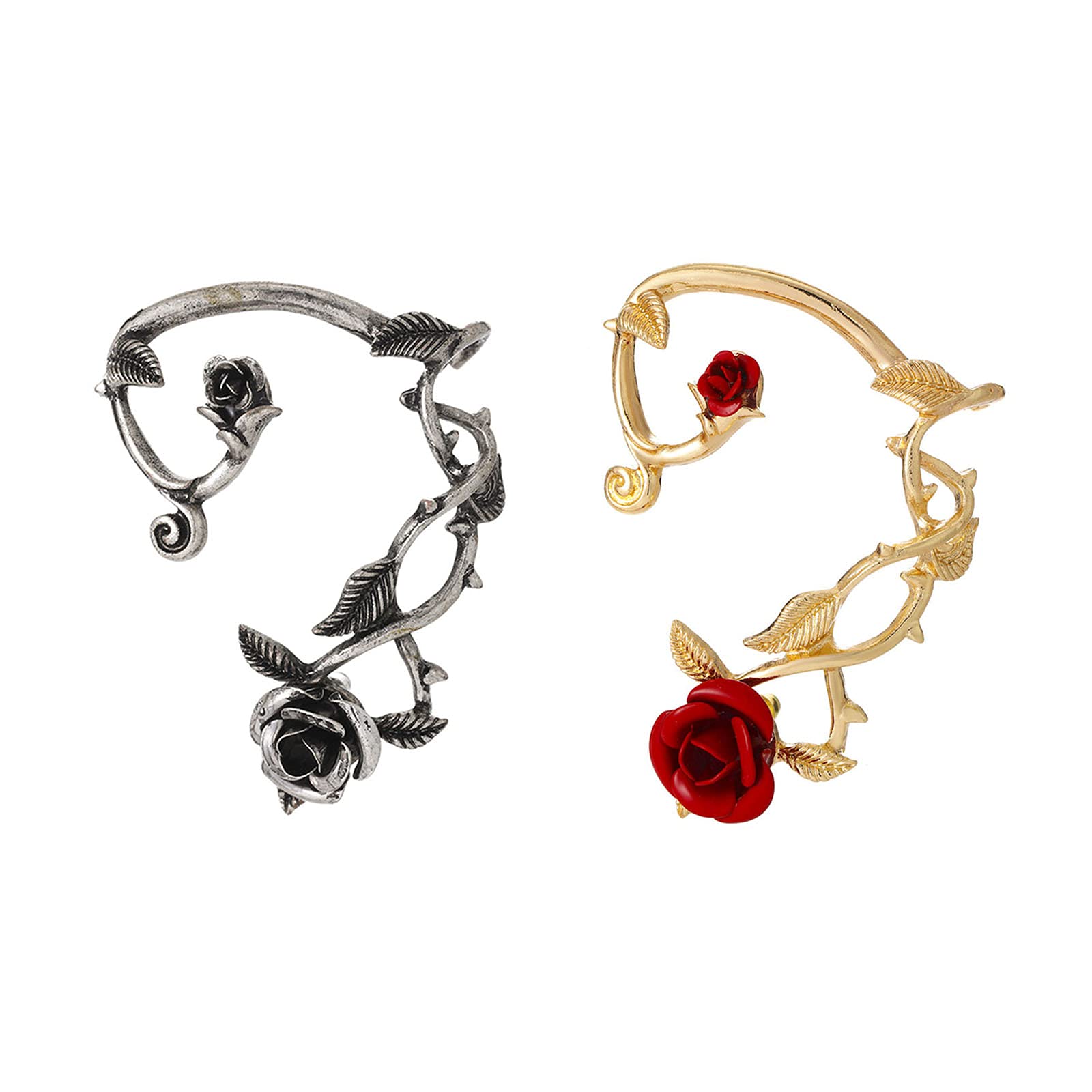 Vintage Rose Flower Cuff Earrings for Women - Trendy Rose Climber Creeper Jacket Earrings with Leaf Design - Elegant Ear Cuff Wrap Clip Stud Ear Jewelry for Girls (Perfect for Weddings, Parties & Everyday Fashion Accessories)