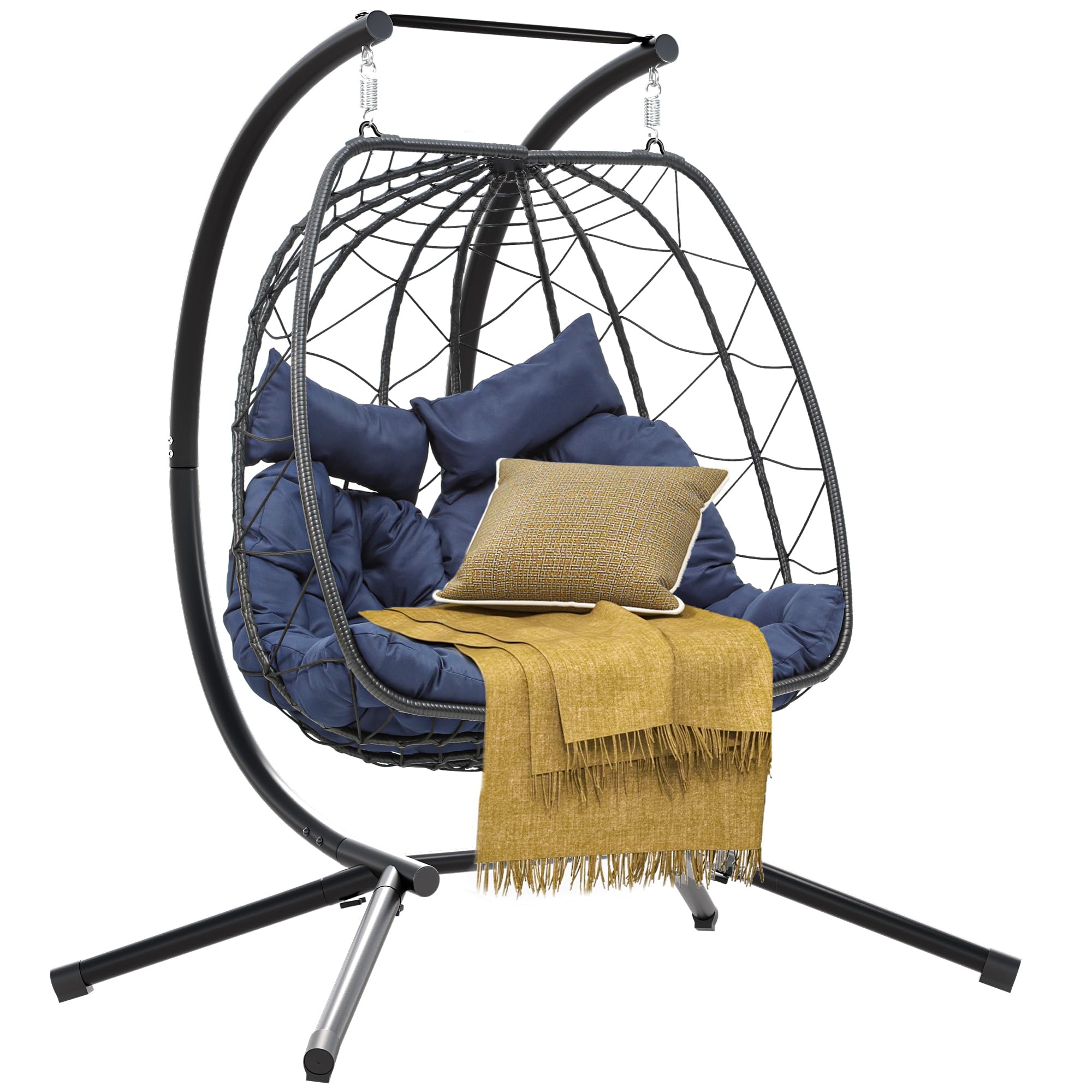 DWVO Double Egg Hanging Swing Chair with Stand - 500lbs Capacity Wicker Egg Chair for Indoor & Outdoor Use - Includes Cushions for Patio, Bedroom, Garden, Balcony - Perfect for Relaxing, Reading & Lounging (Blue)