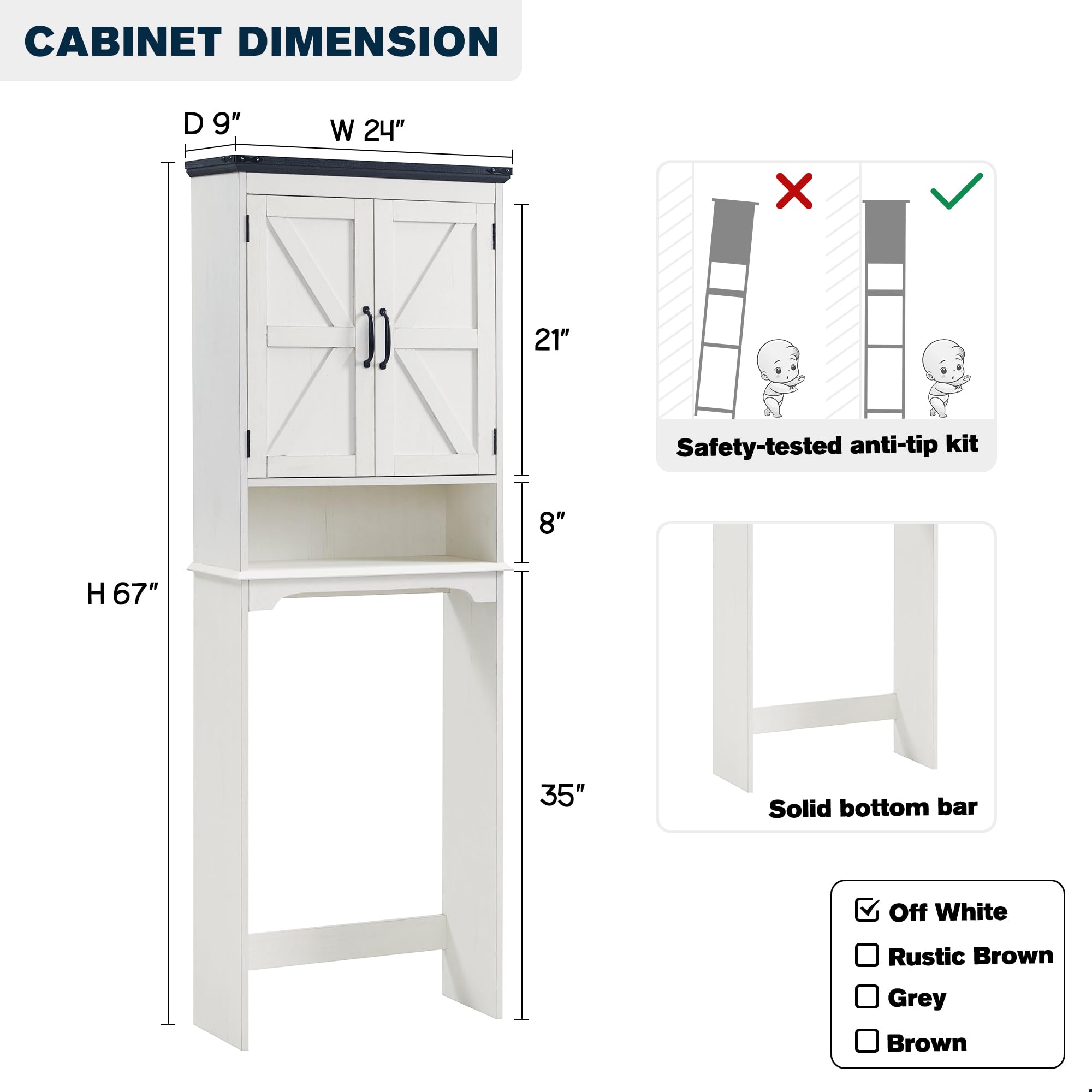 Farmhouse Over The Toilet Storage Cabinet with Adjustable Shelf & Barn Door - 67