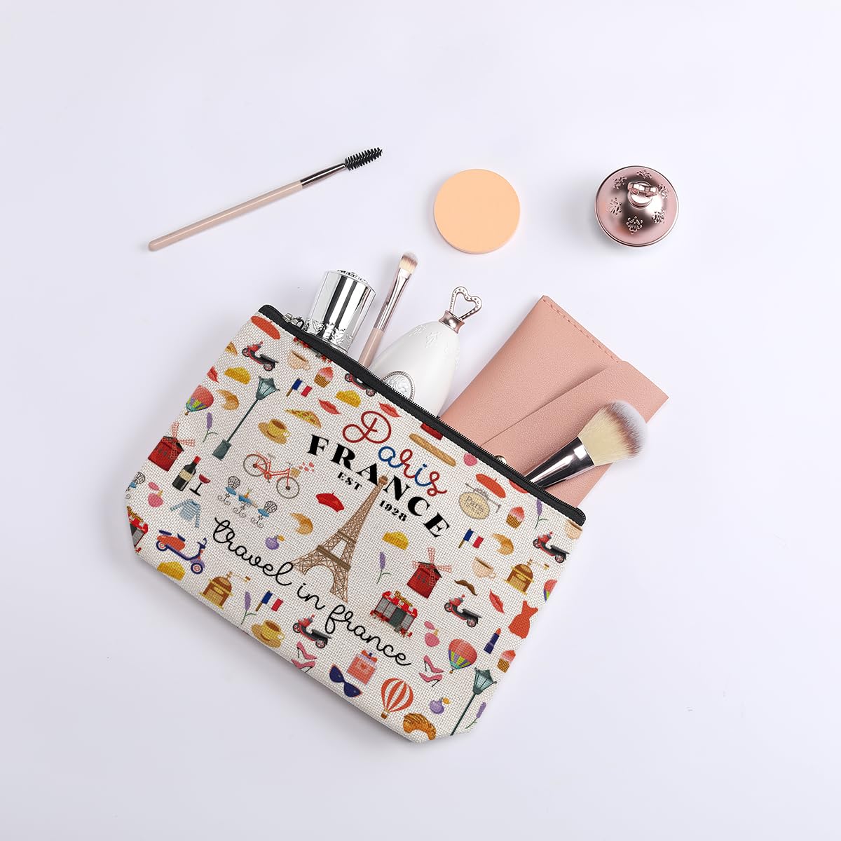 Eiffel Tower Paris Themed Cosmetic Makeup Bag - Romantic France Travel Toiletry Pouch for Women | Perfect Paris Lover Gift for Christmas, Anniversary & Birthday | Travel Essentials & Vacation Accessories for Travelers - Ideal for Carry-On, Weekend Trips & Honeymoons