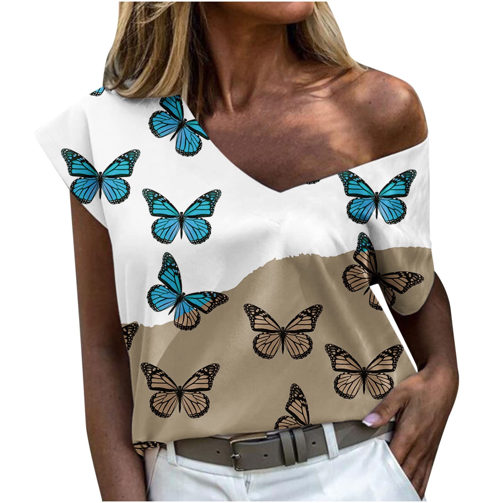 Women's V-Neck Butterfly Vintage T-Shirts - Sexy Graphic Loose Tunic Tees for Summer, Casual Short Sleeve Tops | Perfect for Beach Outings, Date Nights & Weekend Wear