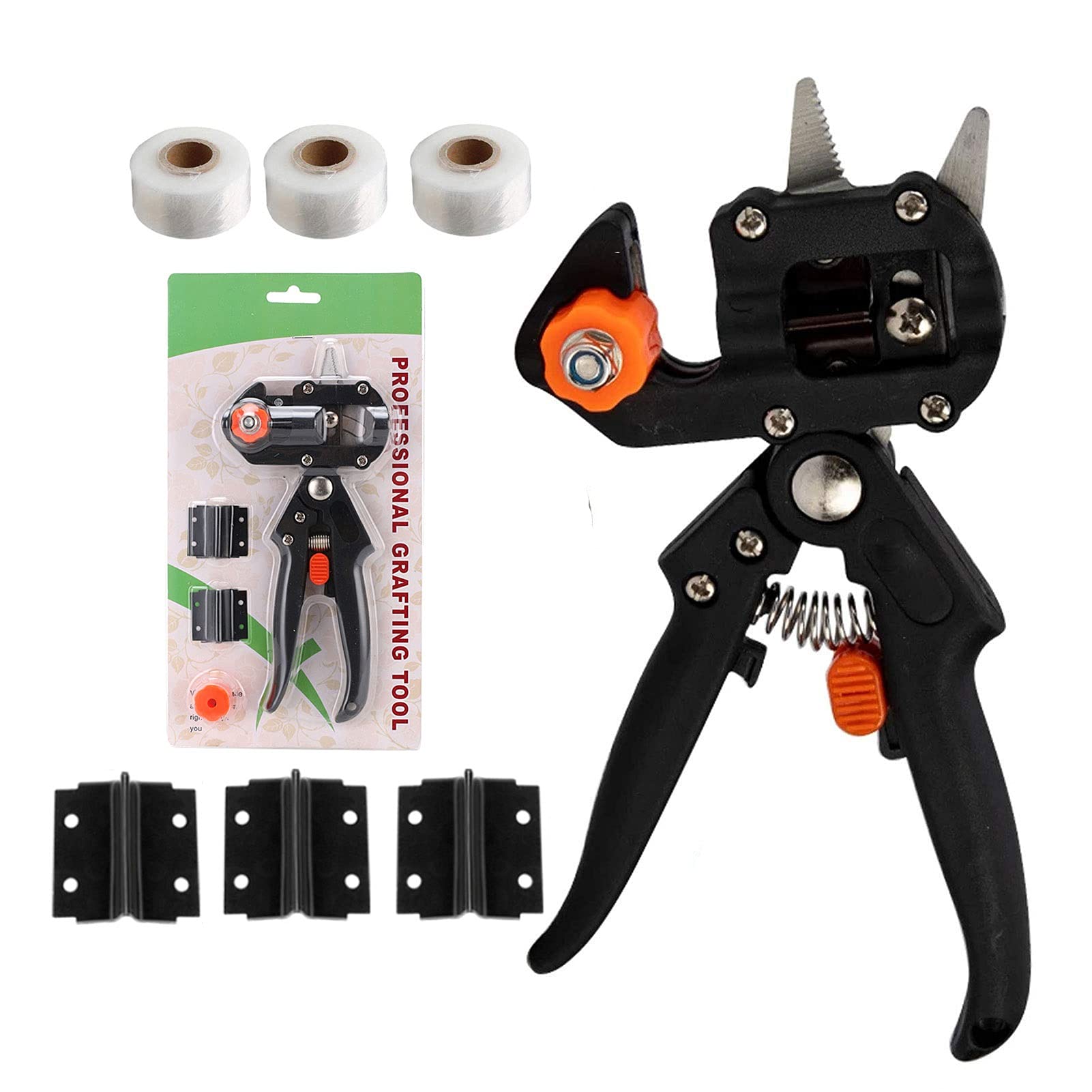 Professional Grafting Tool Kit for Fruit Trees & Plants - 6 Replaceable Grafting Heads with 3 Grafting Tapes - Heavy Duty Garden Pruning Shears for Branch, Twig & Vine Cutting - Perfect for Home Gardening, Orchard Maintenance & Plant Propagation (Black)
