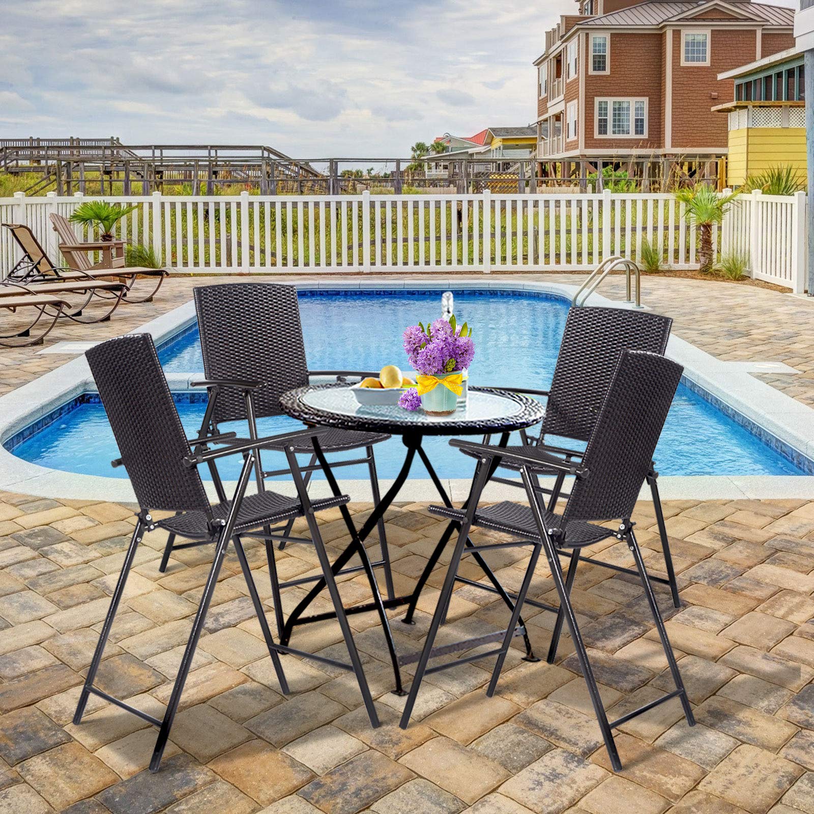 4-Piece Folding Wicker Rattan Bar Stool Set - Tall Backrest Bar Chairs with Steel Frame, Armrests & Footrest - Outdoor Patio Furniture for Garden, Poolside & Restaurant Use