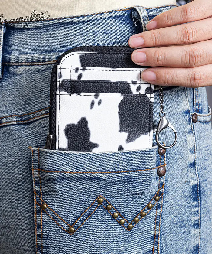 Wrangler Genuine Leather Cow Print Card Holder for Men & Women - Slim RFID Blocking Wallet for Credit Cards & ID - Perfect for Travel, Work, and Everyday Use