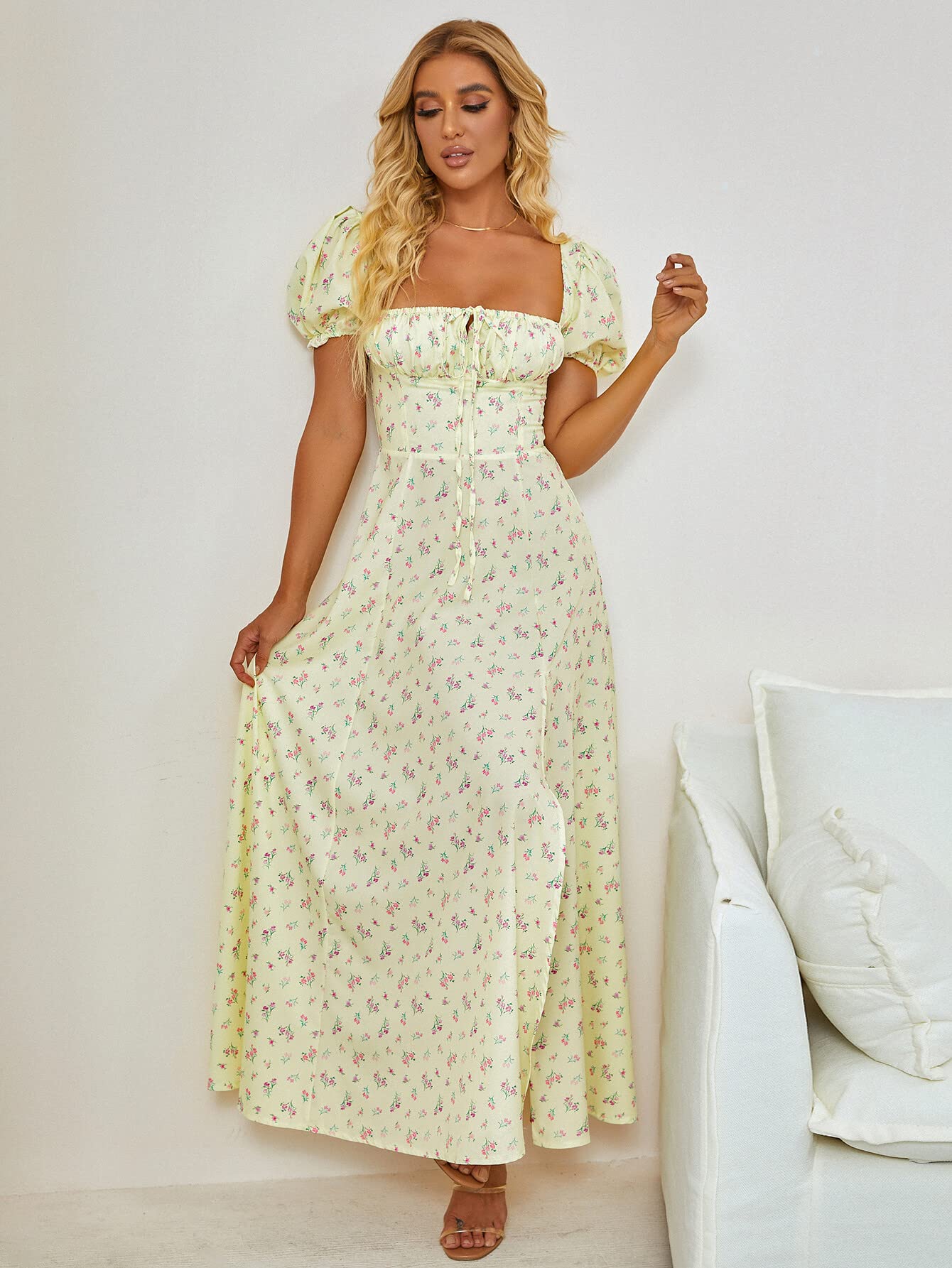 2025 Women's Summer Floral Maxi Dress with Puff Sleeves & Side Split - Flowy A-Line Casual Beach Dress for Vacation, Party & Outdoor Date Night