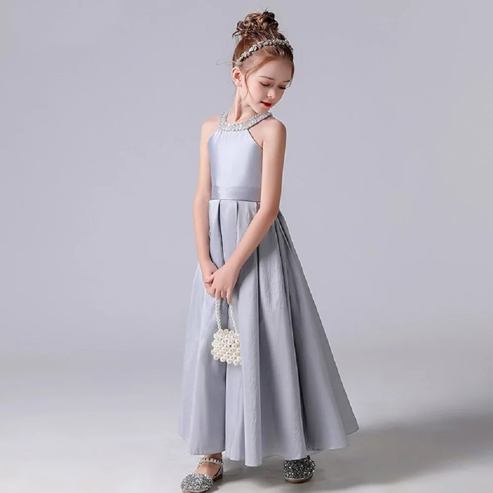 Silver Satin Halter Flower Girl Dress - Long Princess Pageant Gown for Weddings, Baptisms & Special Occasions