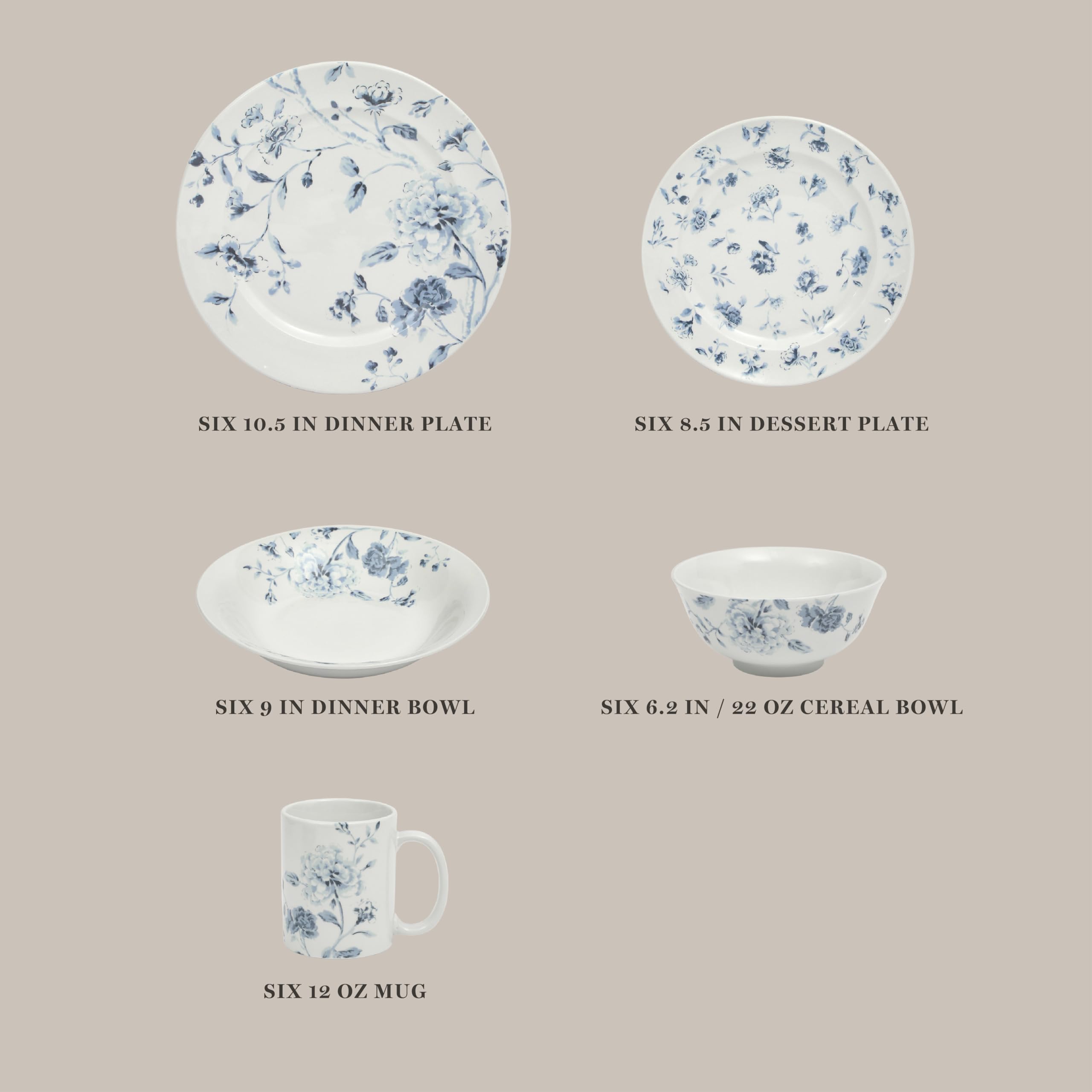 Martha Stewart Empress Bouquet Blue Floral Porcelain Dinnerware Set - 30-Piece Plates & Bowls for 6, Elegant Table Setting for Weddings, Holidays & Formal Dining