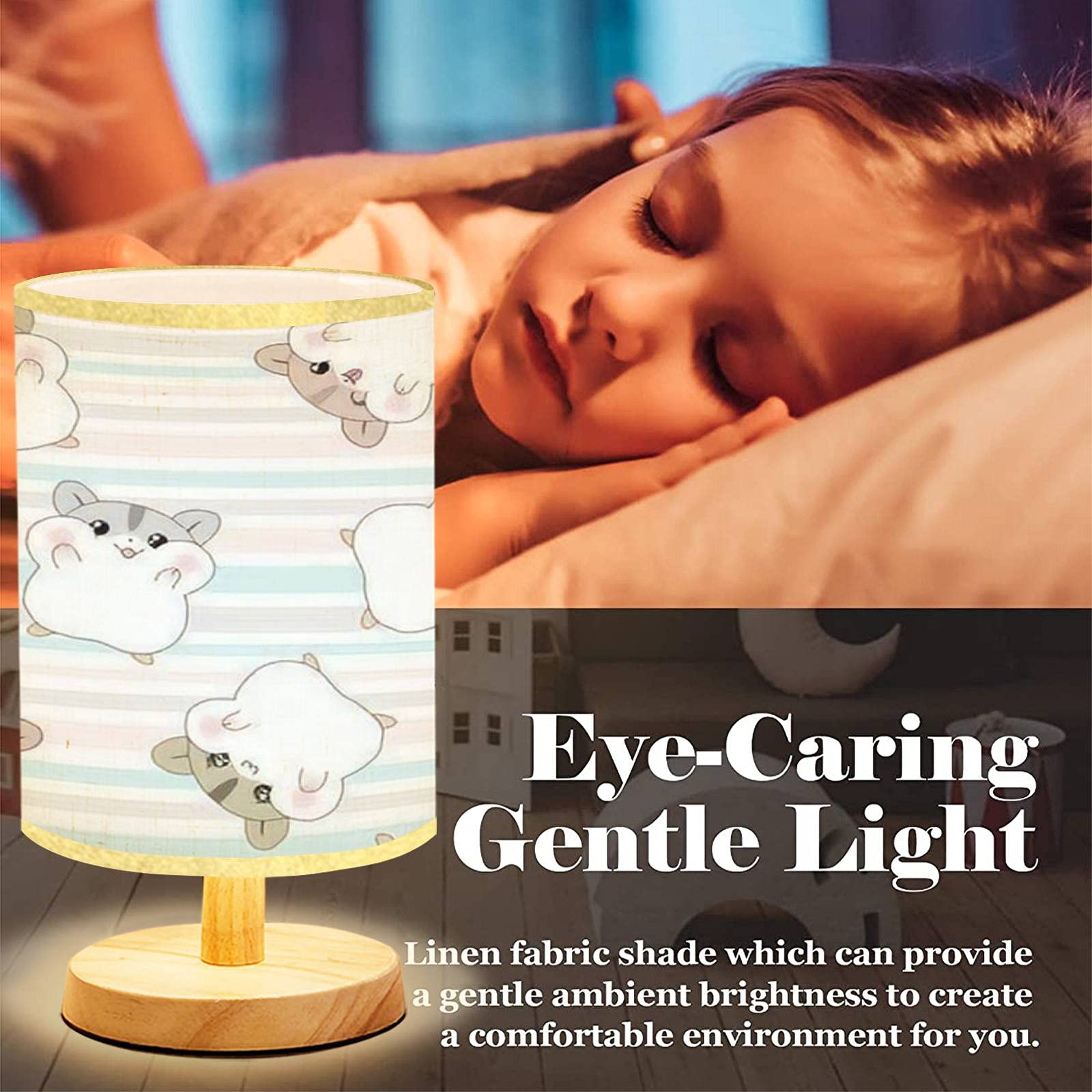 Cute Hamster Seamless Pattern Bedside Table Lamp - Minimalist Wooden Nightstand Light with Flaxen Fabric Shade for Bedroom, Living Room & Nursery - Perfect for Reading, Breastfeeding & Cozy Ambience
