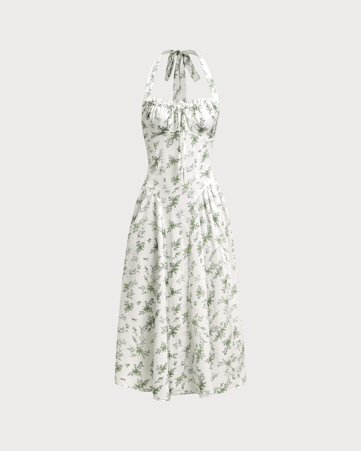 Elegant Green Floral Ruched Lace Halter Midi Dress for Women - Summer Wedding Guest Dress, Garden Party Outfit, Date Night Attire