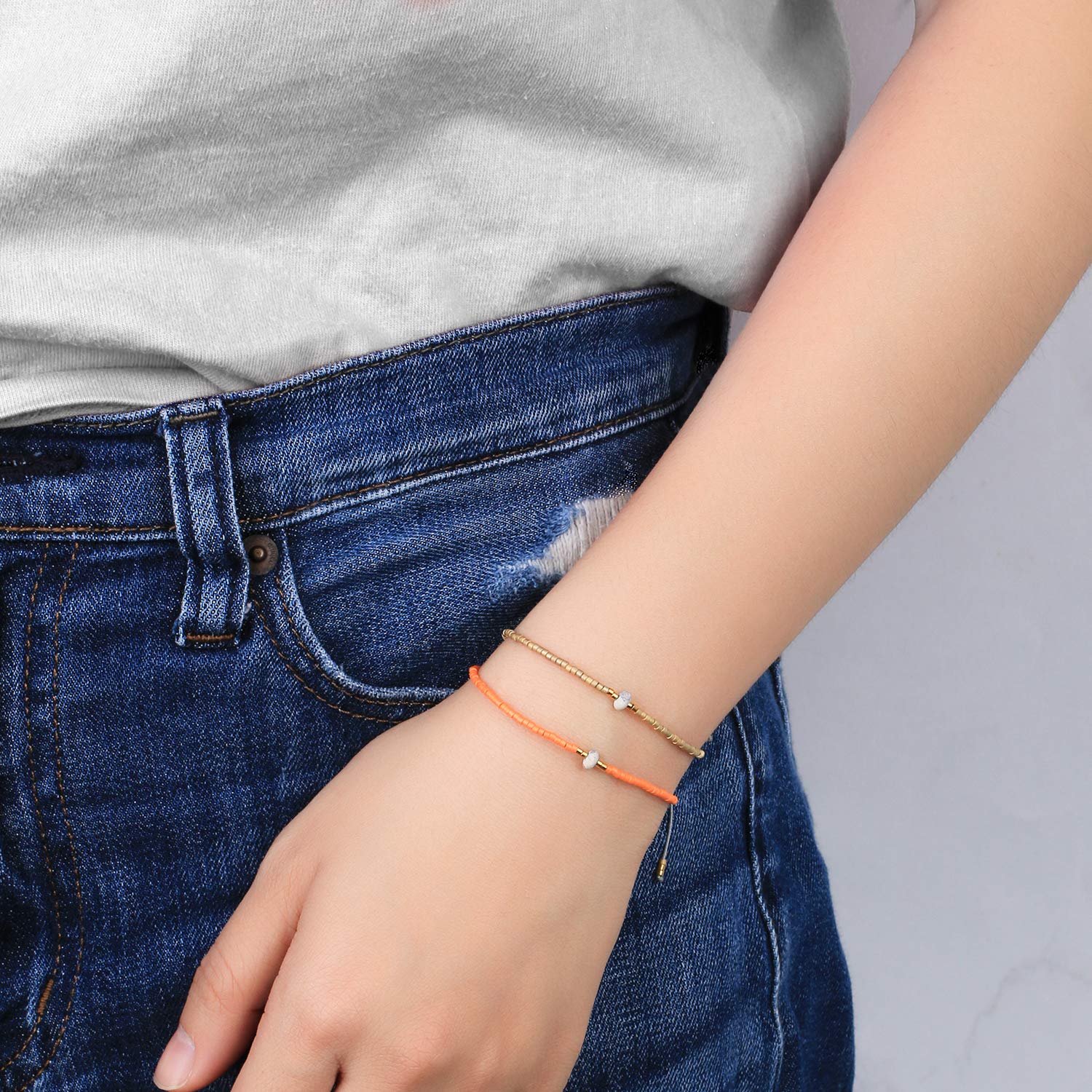 KELITCH Agate Seed Beads Friendship Bracelets for Women - Thin Stretch Bracelets with Natural Stones, Boho Beaded Jewelry for Beach, Summer, Yoga and Gift Giving