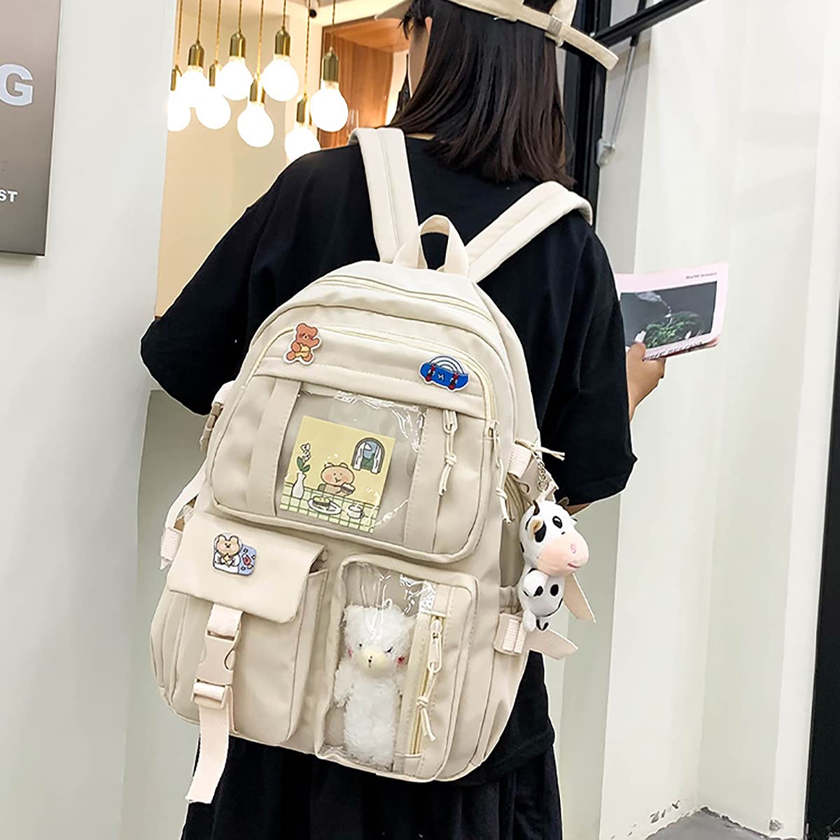 Cute Kawaii Aesthetic Backpack with Badge Pins & Keychain Pendant - Lightweight Travel Backpack for School, College, Work & Daily Use
