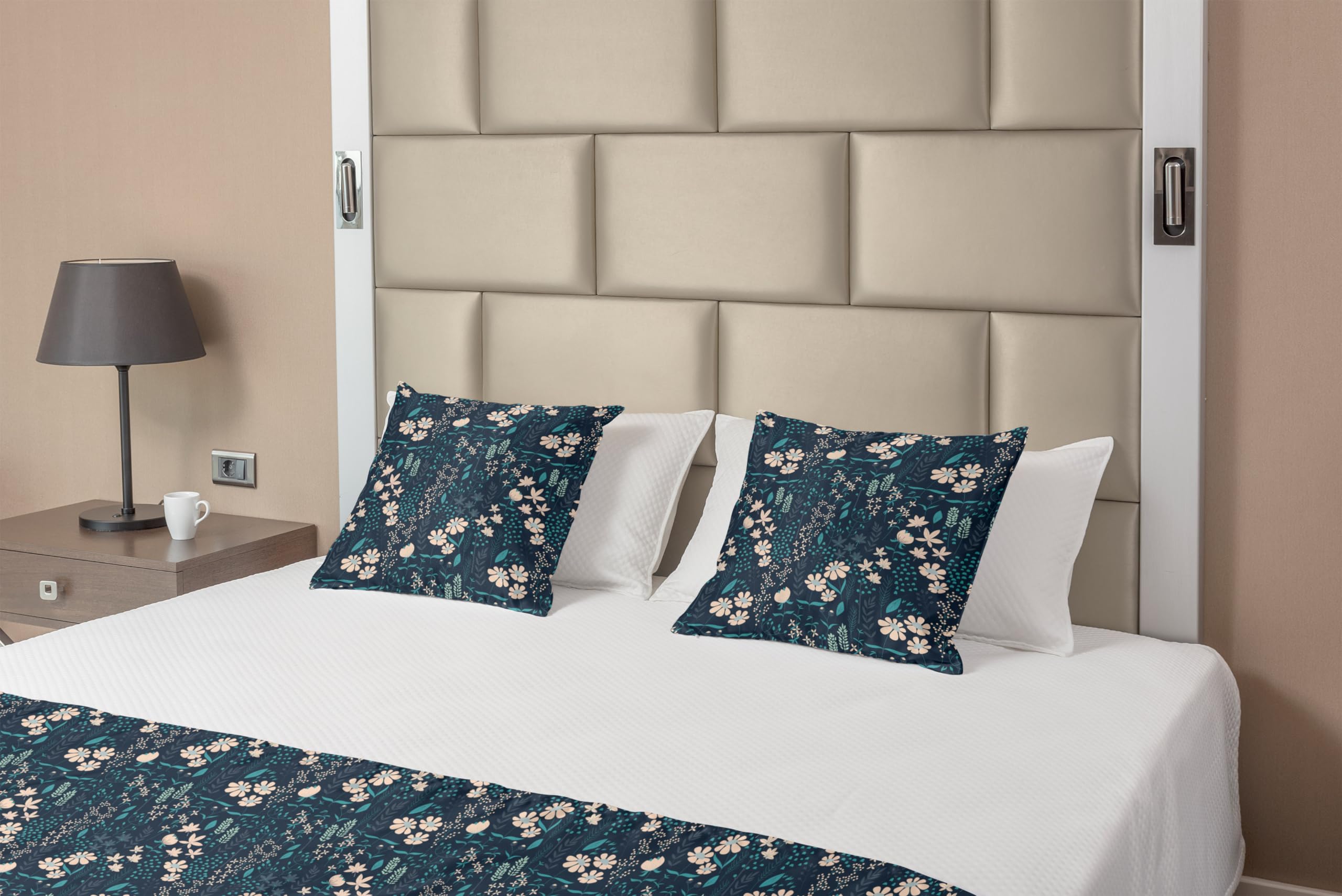 Ambesonne Floral Bed Runner Set - Botanical Flower & Herb Design, Decorative Bedding Scarf with 2 Pillow Shams for Queen Bed, Petrol Blue & Peach - Perfect for Hotels, Homes & Bedroom Decor