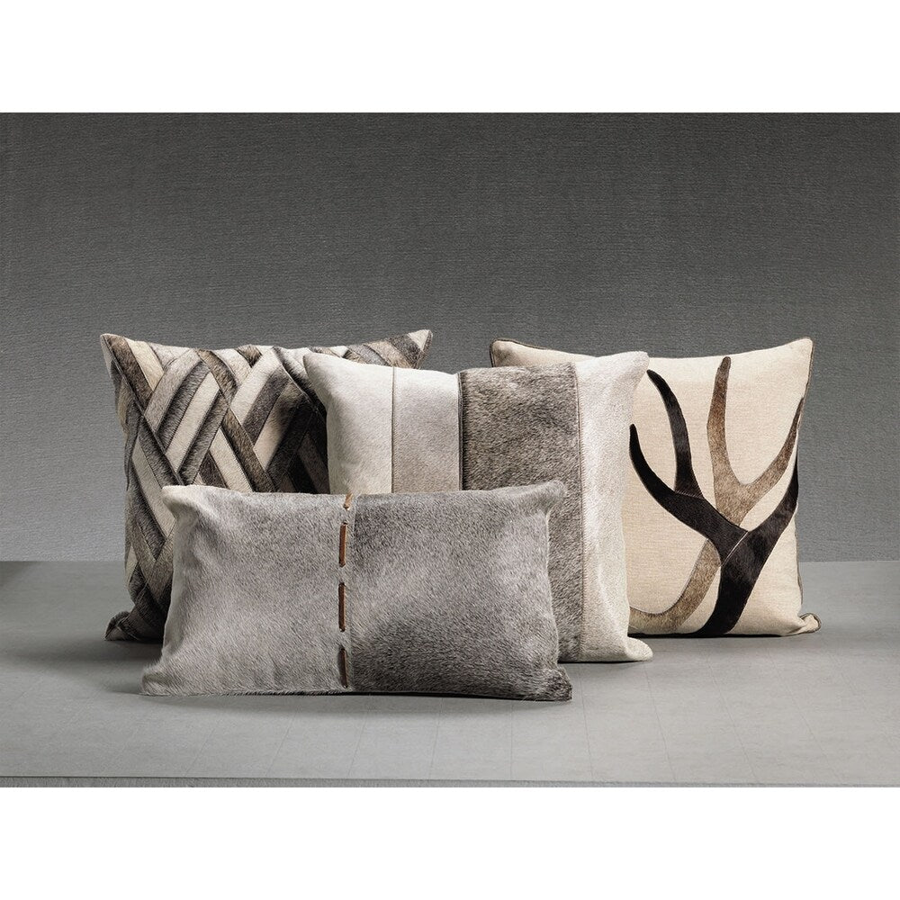 Aman 20 x 12 Inch Leather Patchwork Throw Pillow with Fur Coating - Soft Decorative Cushion for Sofa, Bed, Living Room & Home Decor