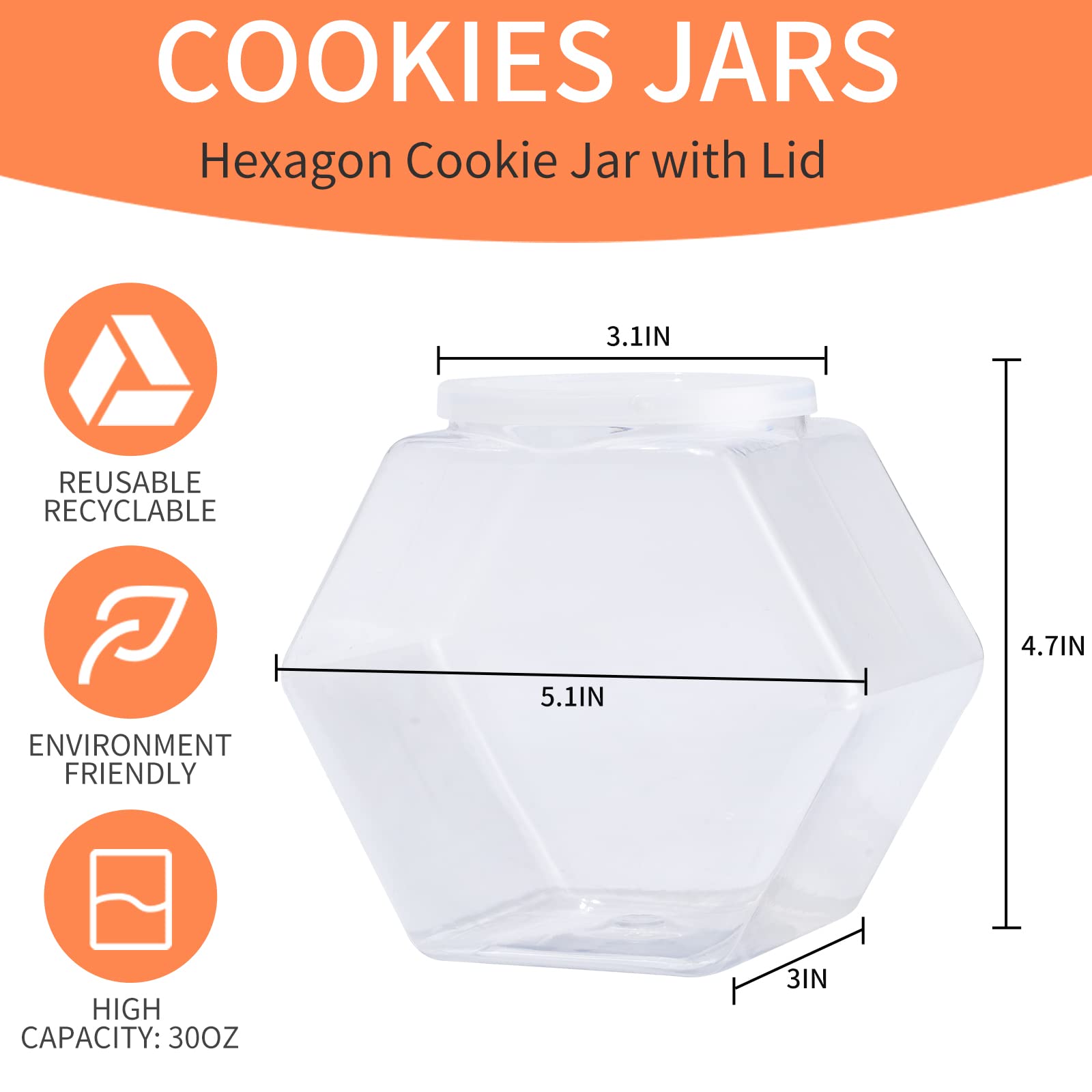 4 Pack Hexagon Plastic Candy Jars with Lids - 30oz Clear Kitchen Storage Containers for Snacks, Cookies, Dog Treats & Coffee Pods | Perfect for Pantry Organization, Party Favors & Home Decor