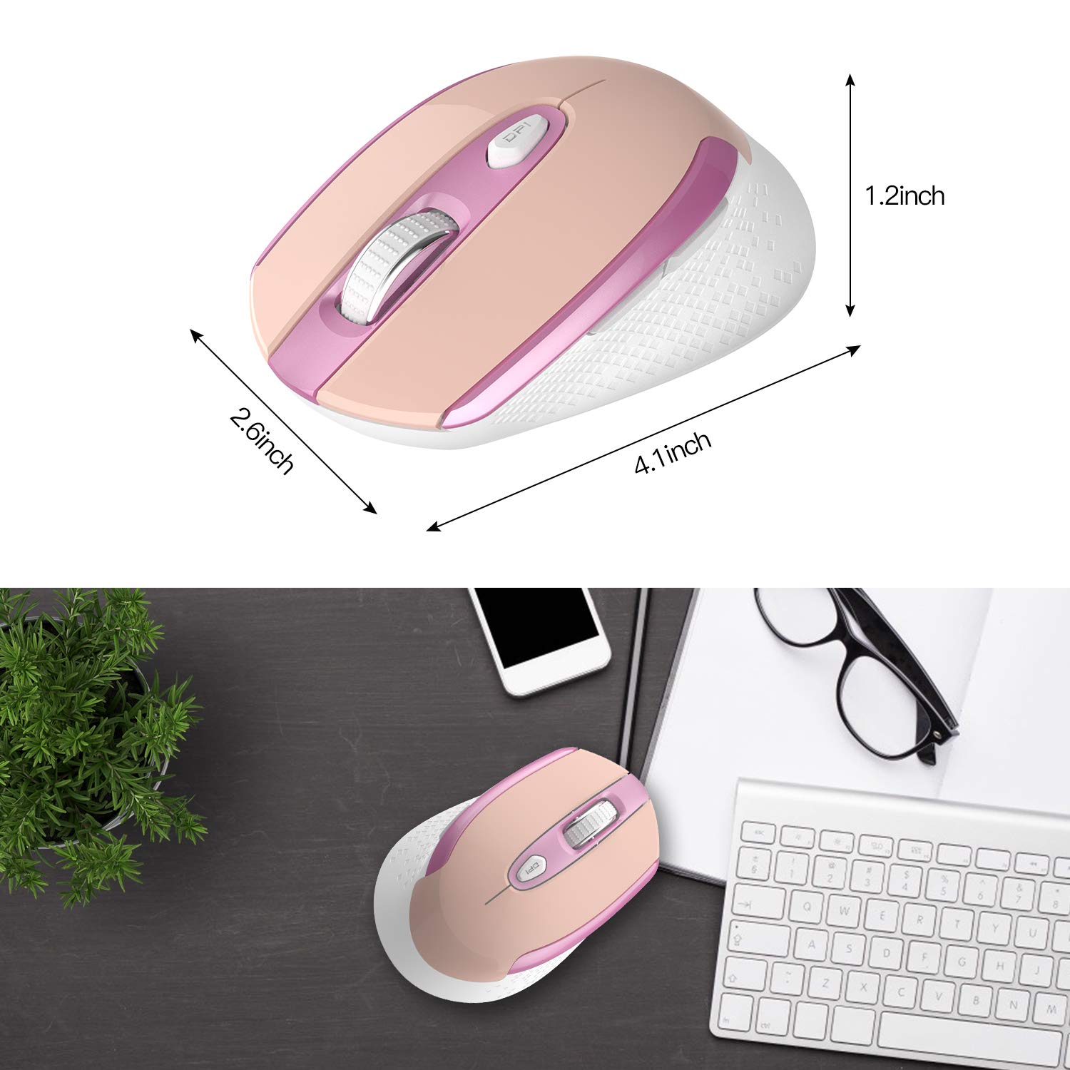 Cimetech Wireless Ergonomic Mouse - 2.4G Silent Optical Mouse with 6 Buttons, USB Receiver & 3 Adjustable DPI for Laptop, Desktop, Mac, PC (Pink) - Perfect for Office Work, Gaming & Home Use