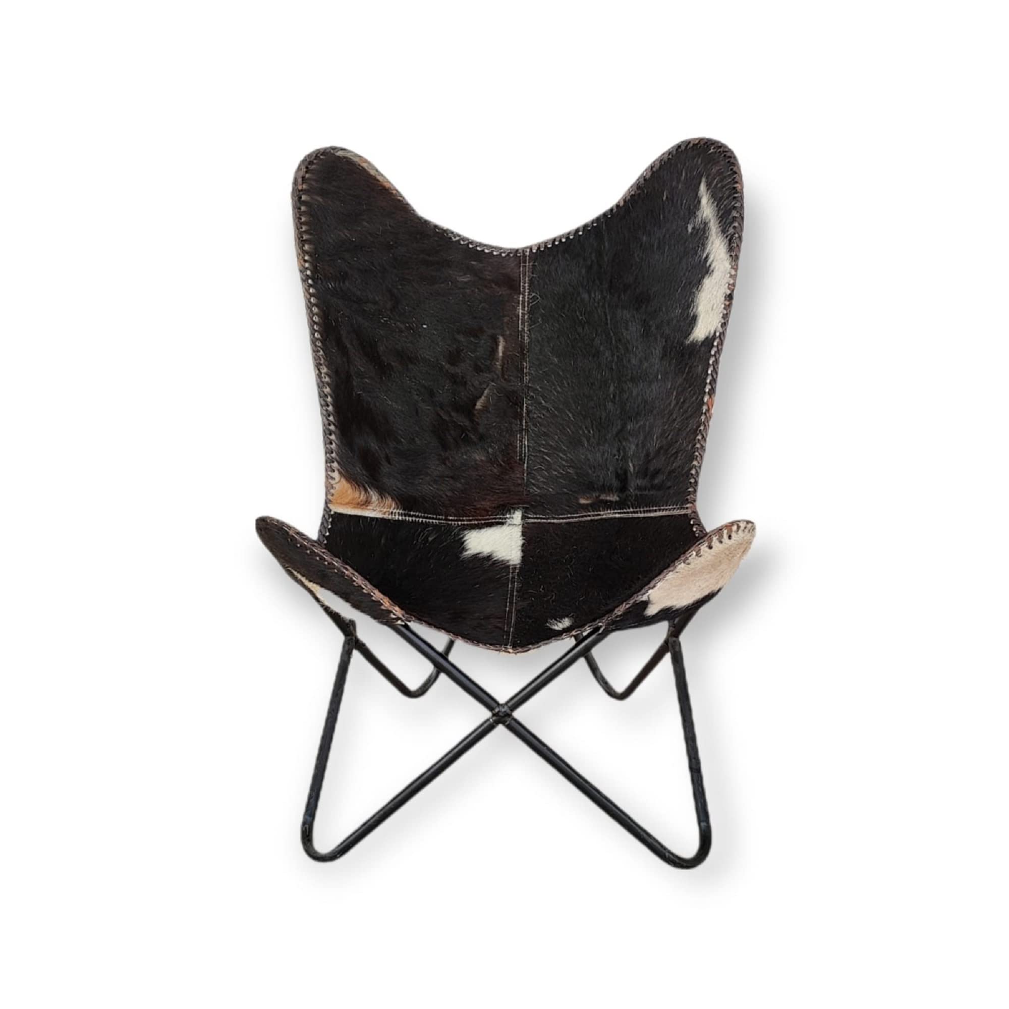GifteQ Vintage Boho Leather Folding Butterfly Chair - Heavy Duty Iron Frame Lounge Sling Chair for Adults - Indoor/Outdoor Relaxing, Patio, Garden, Living Room Decor (Black Hairon, Black Frame)