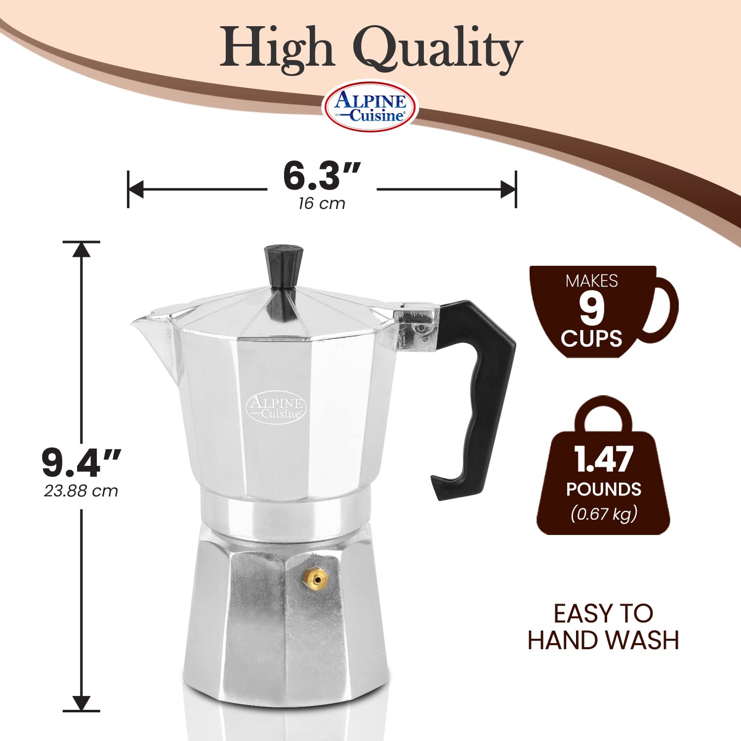 Alpine Cuisine 12.5 Oz Stovetop Espresso Maker - Classic Italian & Cuban Coffee Moka Pot with 9 Espresso Cups - Durable Aluminum Coffee Maker for Home, Camping & Outdoor Use