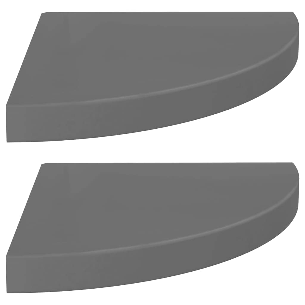 Floating Corner Shelves Set of 2 - High Gloss Grey MDF Wall Shelves 35x35x3.8 cm - Perfect for Bathroom, Kitchen, Living Room Storage & Decoration