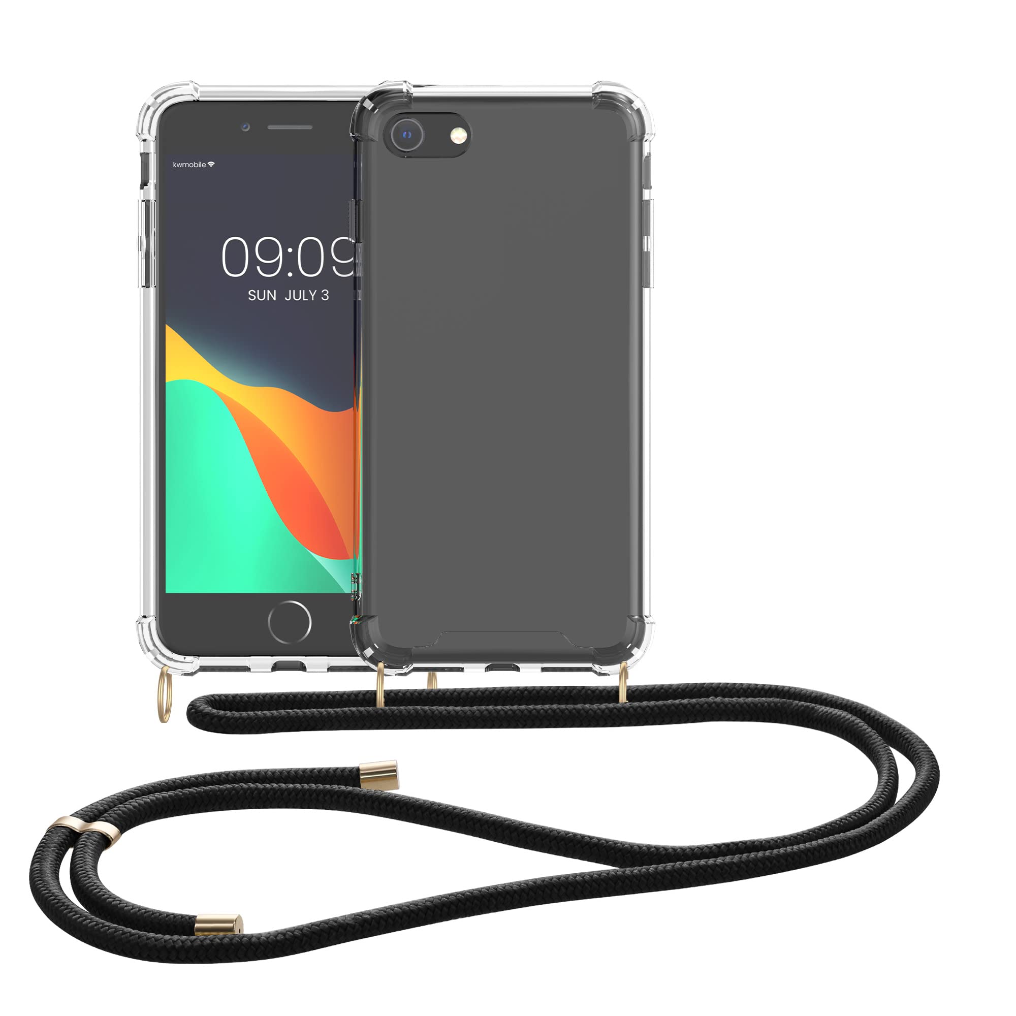 kwmobile Clear TPU Crossbody Phone Case Compatible with Apple iPhone SE (2022/2020), iPhone 8 & 7 - Protective Cover with Lanyard Strap (Black/Transparent) - Perfect for Travel, Shopping & Outdoor Activities