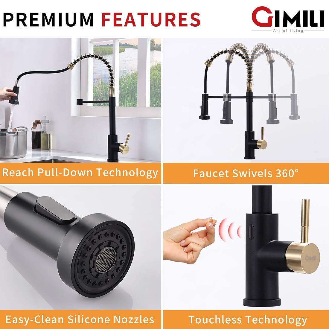 GIMILI Touchless Spring Kitchen Faucet with Deck Plate & Soap Dispenser, Matte Black & Gold Finish - Ideal for Modern Kitchens, Hands-Free Convenience for Cooking and Cleaning