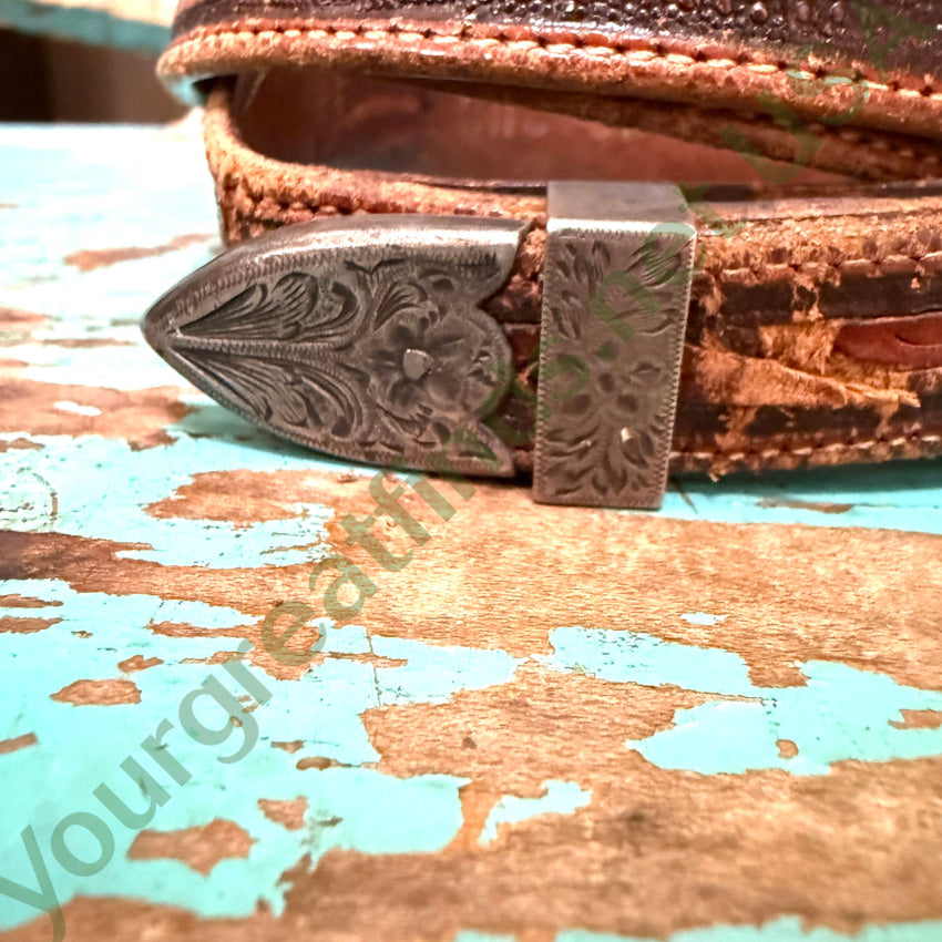 Vintage 4-Piece Sterling Silver McCabe Ranger Buckle Set on Stelzig Saddlery Belt - Western Style Accessory for Cowboy Boots, Jeans & Rodeo Outfits