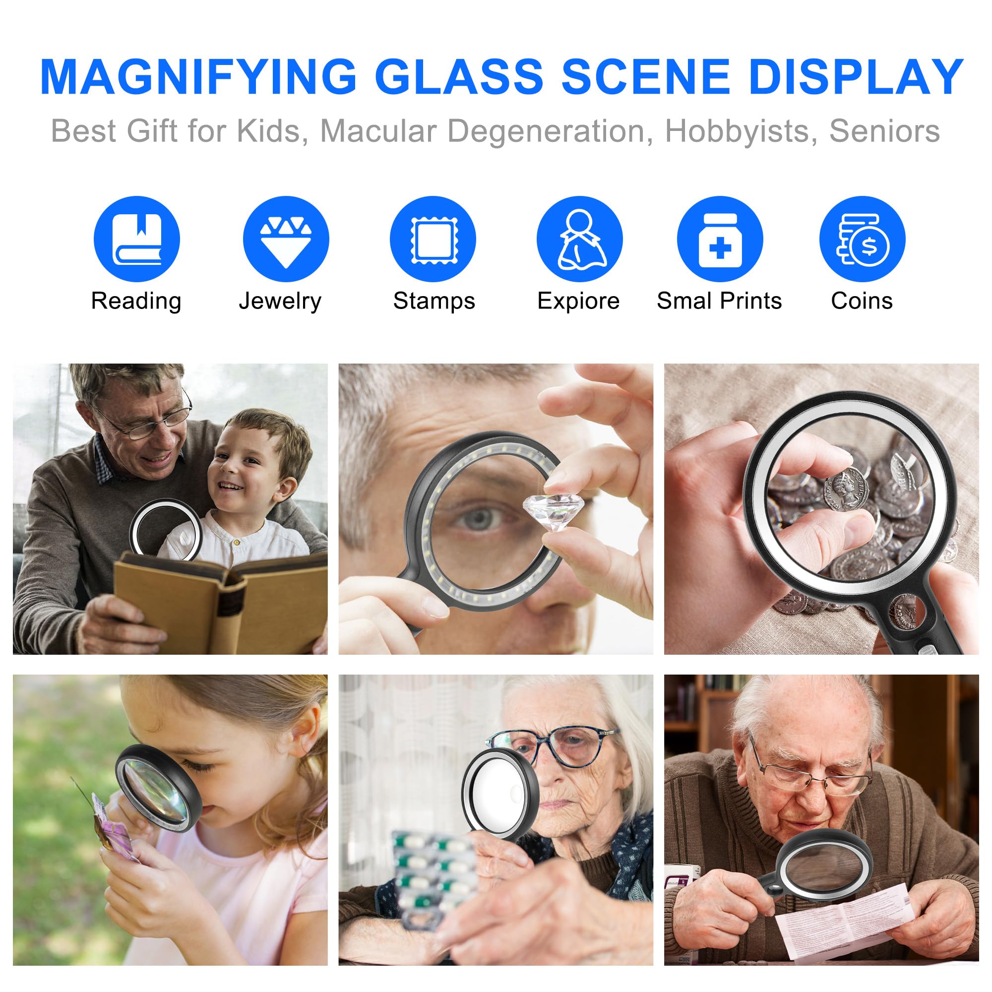 30X LED Magnifying Glass with UV Light - 10X 20X 45X Illuminated Handheld Magnifier for Reading, Jewelry Inspection, Coin Collecting & Hobby Exploration - Perfect for Seniors, Crafts & Close Work