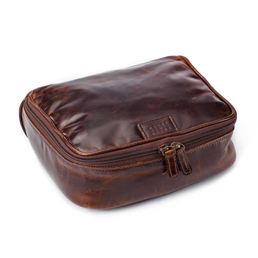 Moore & Giles Leather Donald Dop Toiletries Kit - Brompton Brown | Premium Travel Cosmetic Bag for Men & Women | Perfect for Business Trips, Vacations & Gym Essentials