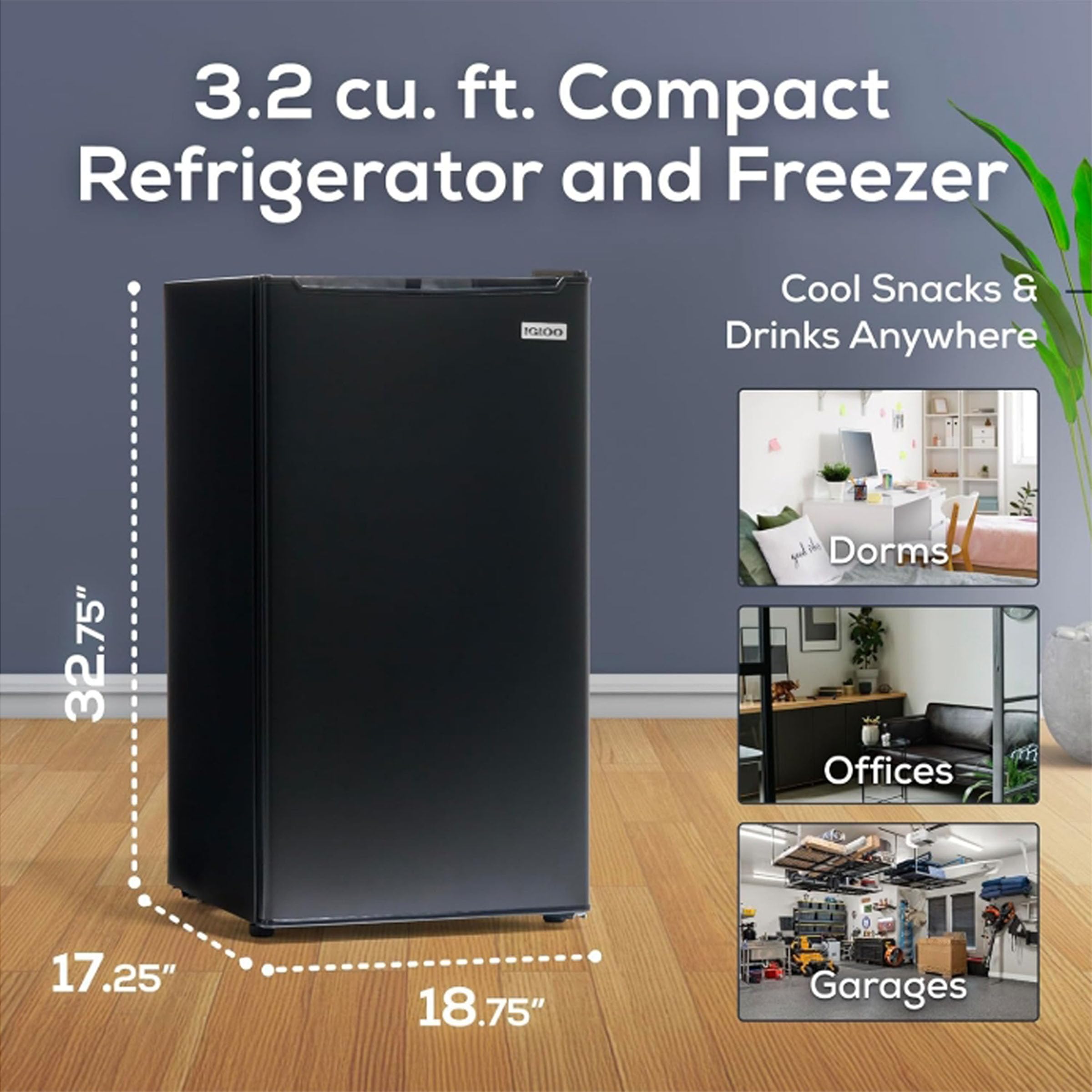 Igloo IRF32BK 3.2 Cu.ft Compact Refrigerator with Freezer - Single Door, Slide-Out Glass Shelf - Ideal for Home, Office, Dorm, RV & Small Spaces - Energy Efficient Mini Fridge for Beverages, Snacks & Meal Prep