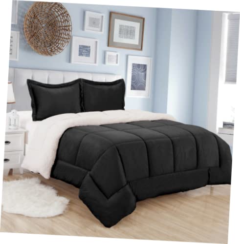 Reversible Sherpa Comforter Set with Sham - Black, Queen/King/Twin Size - Ultra Soft & Warm for Winter - Perfect for Bedroom, Guest Room, and Cozy Nights - KXQ41 | #YY70E (King)