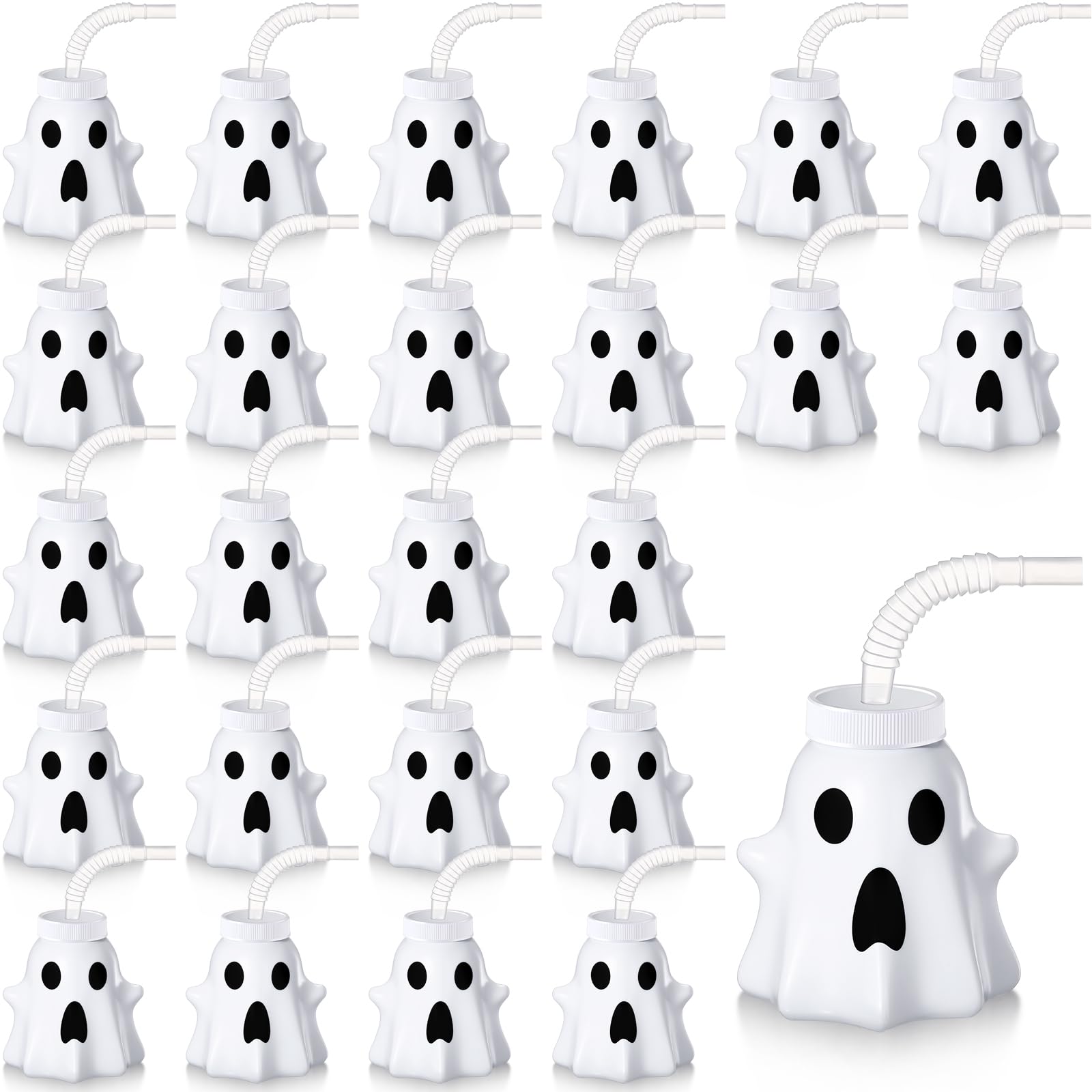 Umigy 24-Pack Halloween Ghost Shaped Cups with Lids & Straws - 10 oz Reusable Plastic Party Cups for Kids, Halloween Party Supplies - Perfect for Trick-or-Treat Drinks, Classroom Celebrations & Spooky Decorations