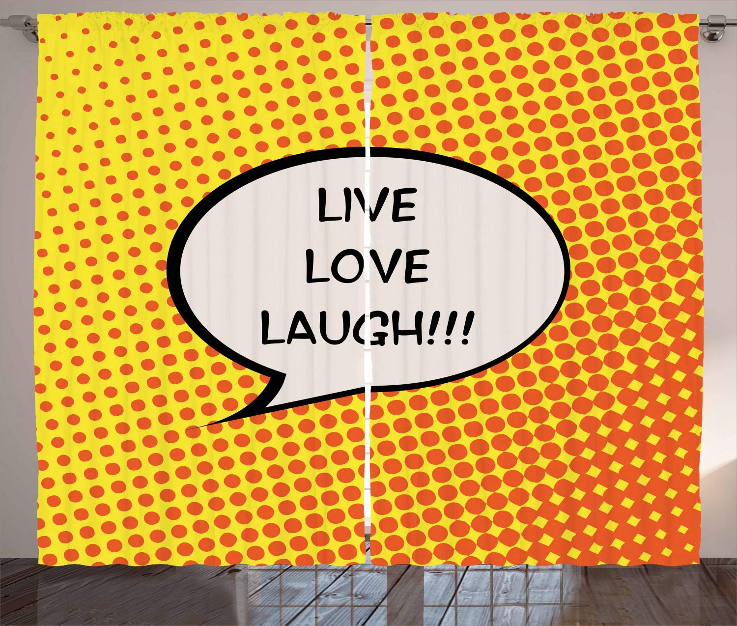 Ambesonne Live Laugh Love Curtains - Comic Book Style Speech Bubble Design with Inspirational Words on Halftone Background - Orange Yellow Black Window Drapes 2 Panel Set (108