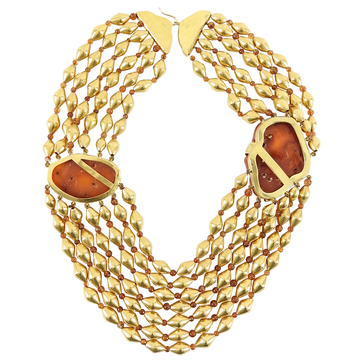 Fred Leighton 22K Gold Asian Carved Amber Multi-Strand Beaded Necklace - Elegant Vintage Jewelry for Women, Perfect for Weddings, Parties & Special Occasions