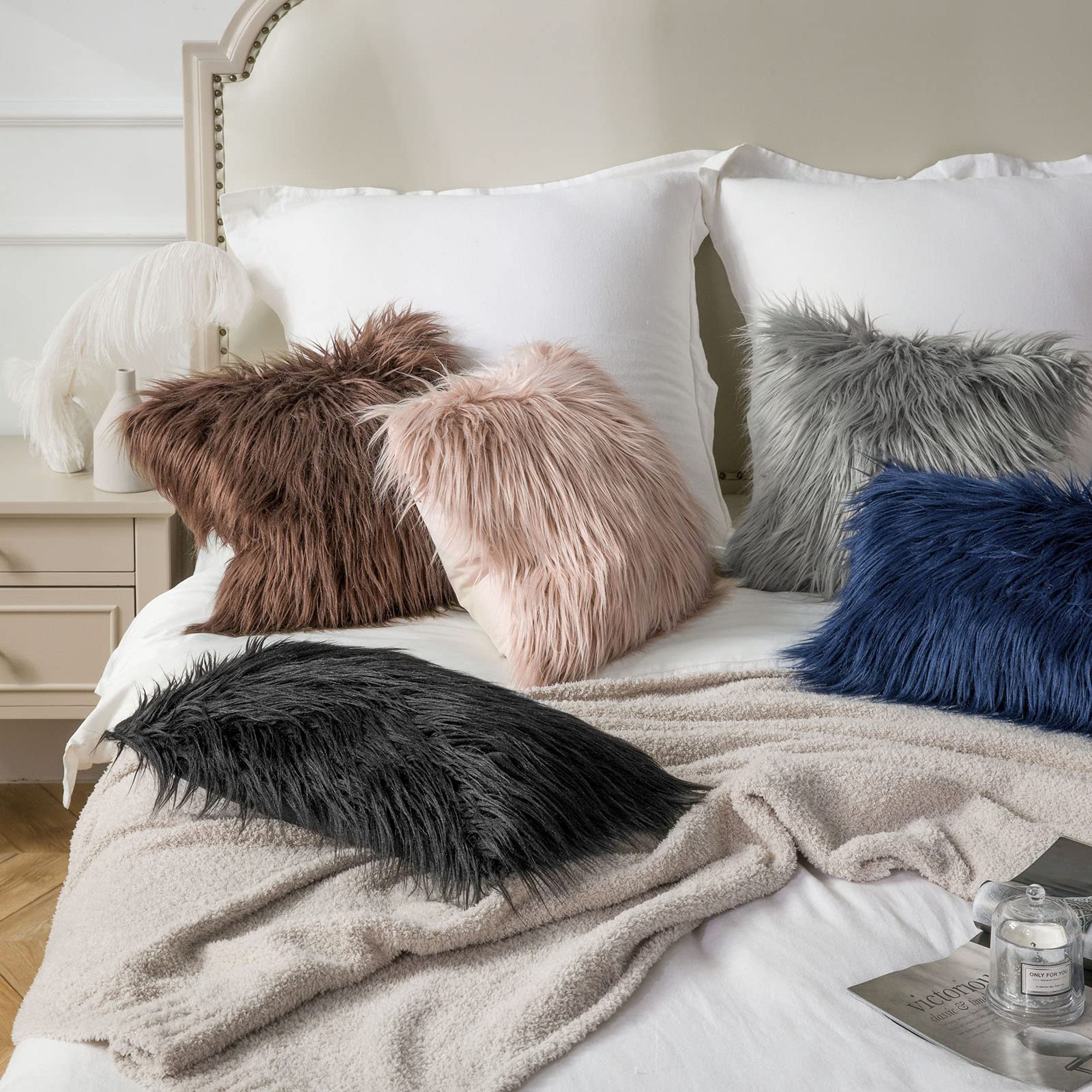 Luxury Faux Fur Pillow Cover 18x18 Inches - Soft Fluffy Mongolian Throw Pillow Case for Bedroom, Couch & Living Room Decor - Black Fuzzy Cushion Cover for Cozy Home & Gift Ideas