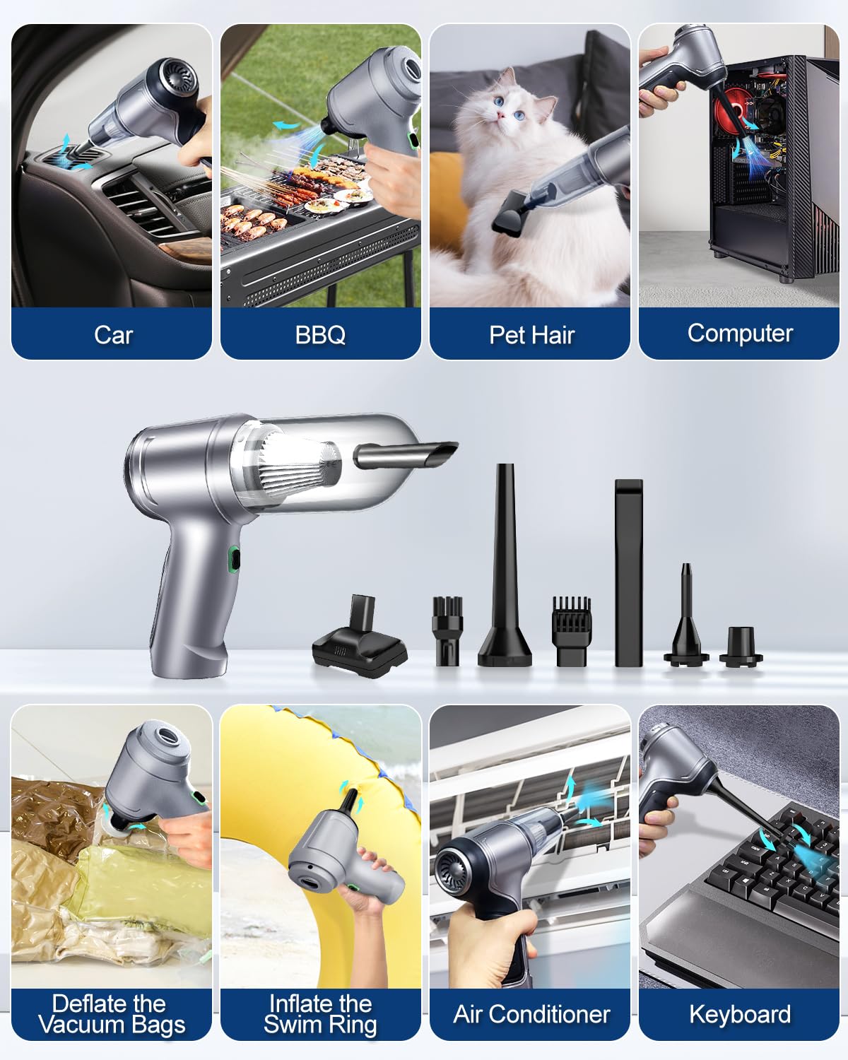 **15000PA Cordless Car Vacuum Cleaner - Powerful Handheld Vacuum with Brushless Motor, USB-C Fast Charging, 4-in-1 Air Blower & Inflator - Perfect for Car Detailing, Home Cleaning & Office Use**