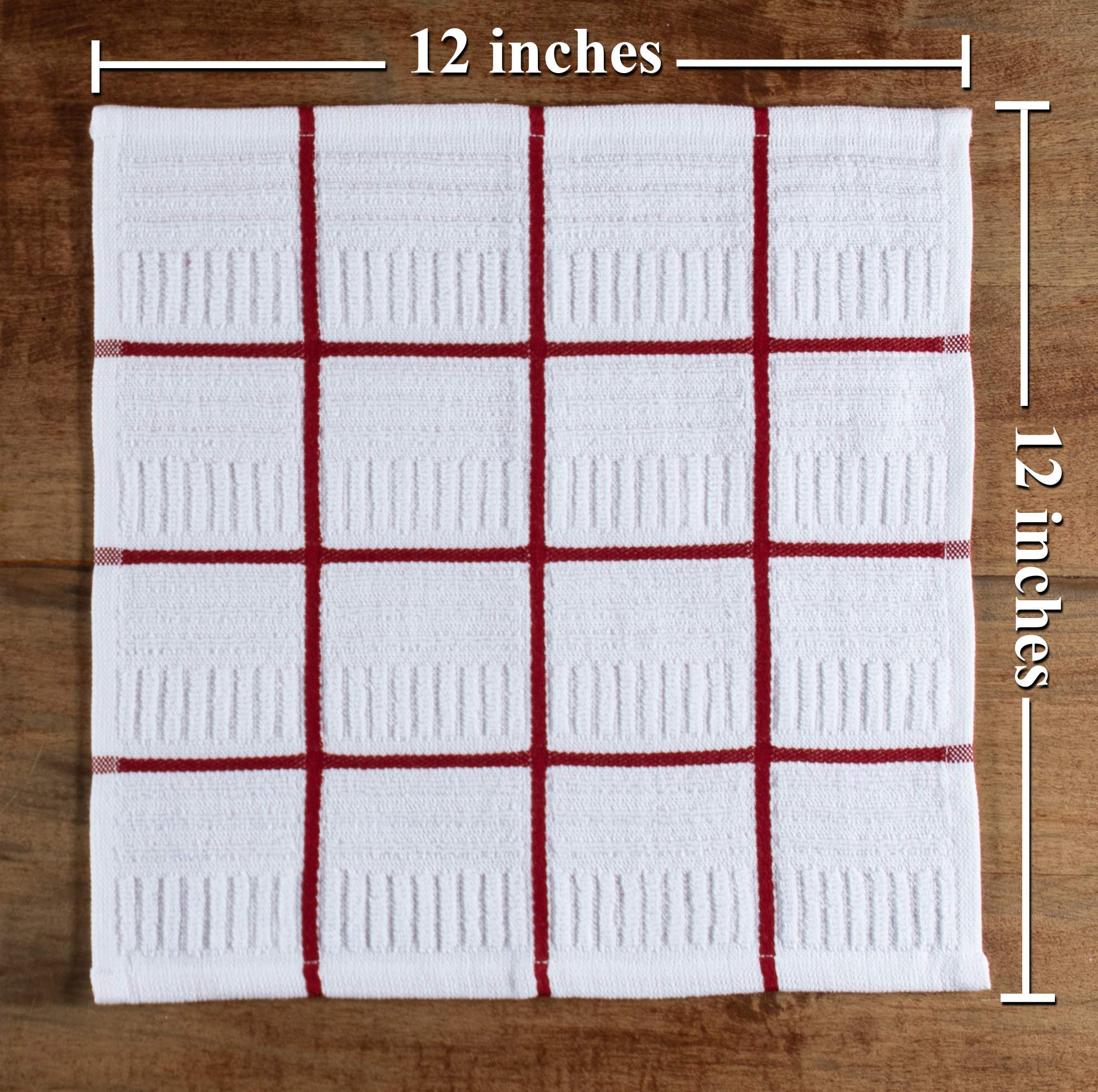 Premium 100% Cotton Kitchen Towels Set of 8 - Absorbent Dish Cloths, Tea Towels & Reusable Cleaning Cloths (12x12 Inch, Red & White) | Oeko-Tex Certified | Perfect for Dish Drying, Counter Cleaning & Hand Wiping