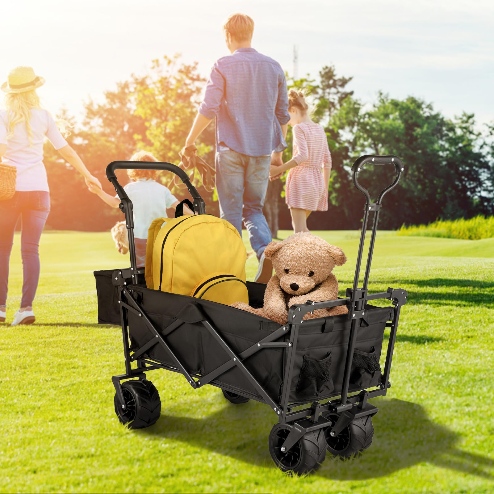 VEVOR Collapsible Wagon with Canopy - 220lbs Capacity Foldable Utility Cart with Large Wheels & Adjustable Handles - Perfect for Beach, Camping, Picnics & Outdoor Adventures