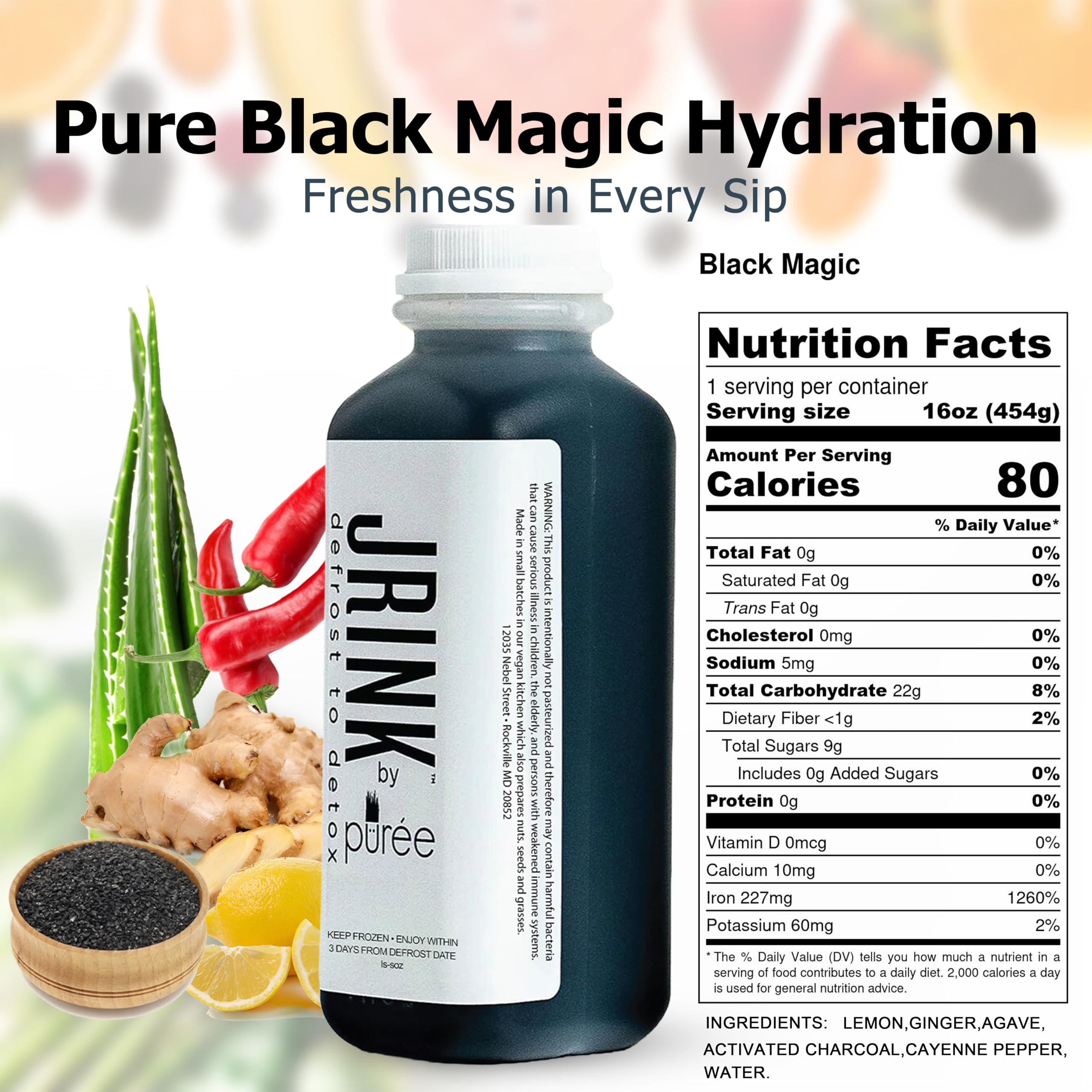 JRINK by Purée Black Magic Juice Cleanse - 100% Organic Cold Pressed Juice Detox with Raw Fruits & Vegetables, No Preservatives, Freshly Juiced-to-Order (24 Pack, 16oz HDPE Bottles) - Perfect for Weight Loss, Detox & Healthy Lifestyle