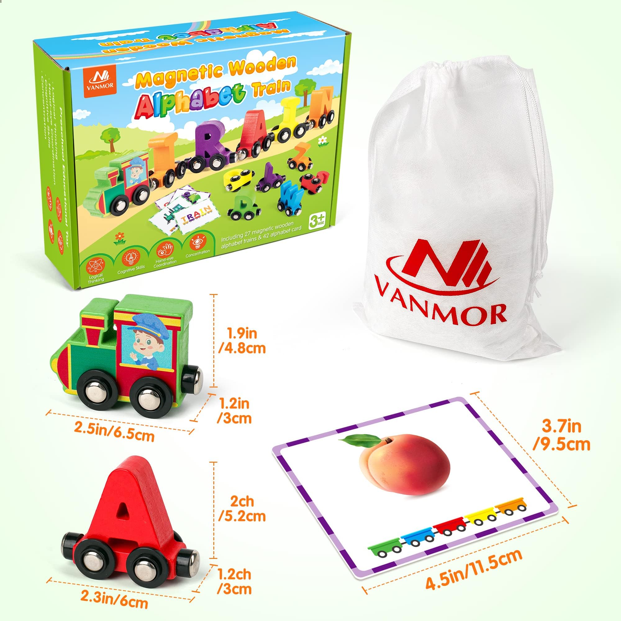 Vanmor 27 PCS Magnetic Wooden Alphabet Train Set | ABC Letter Learning Toy with 42 Flash Cards, Engine & Storage Bag | Educational Toys for Toddlers Ages 3-7 | Preschool Learning, Homeschool & Classroom Activities