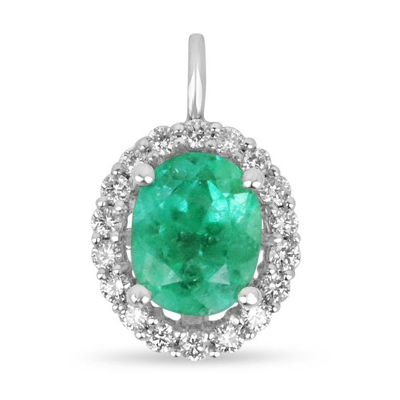 3.25tcw 14K Gold Oval Cut Emerald and Diamond Halo Pendant Necklace - Elegant Spring Green Gemstone Jewelry for Women, Perfect for Weddings, Anniversaries, and Special Occasions