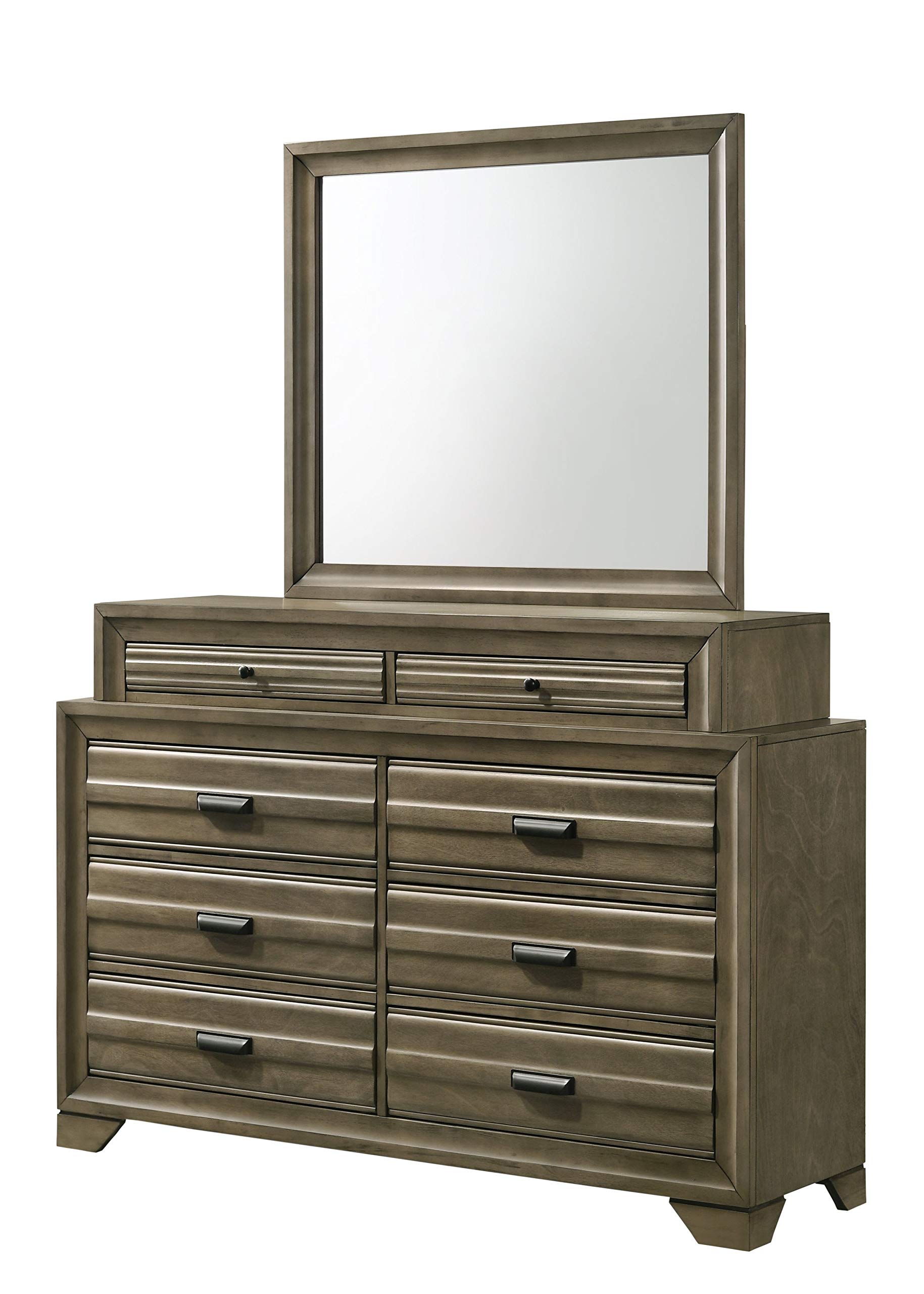 Roundhill Furniture Loiret Wood Storage Platform Queen Bedroom Set with Dresser, Mirror, 2 Nightstands & Chest - Light Gray Finish - Modern Bedroom Furniture for Small Spaces & Guest Rooms